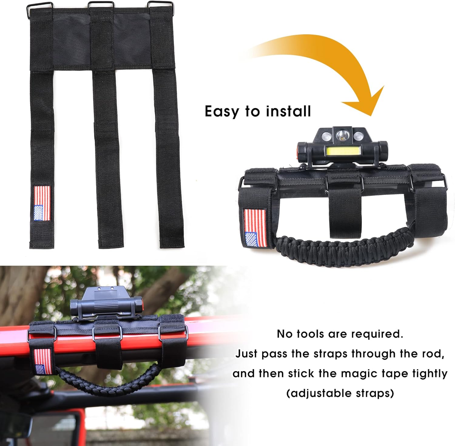 Sukemichi 2 asas de agarre de barra antivuelco con luz de cúpula para Jeep Wrangler CJ YJ TJ JK JL Gladiator JT, 3 modos (negro)