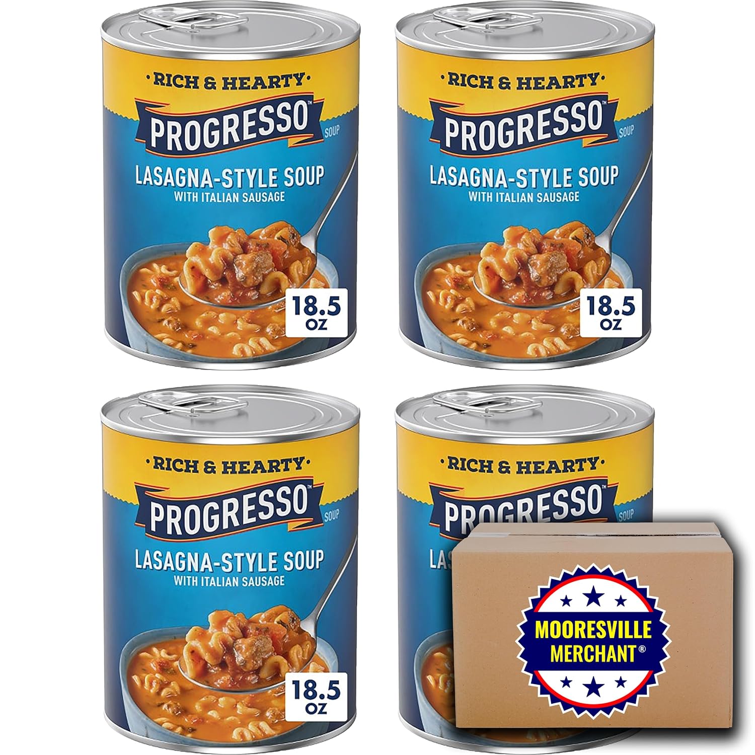 Progresso Rich & Hearty – Sopa estilo lasaña con salchicha italiana, 18.5 onzas líquidas, 4 latas con calcomanía Mooresville Merchant