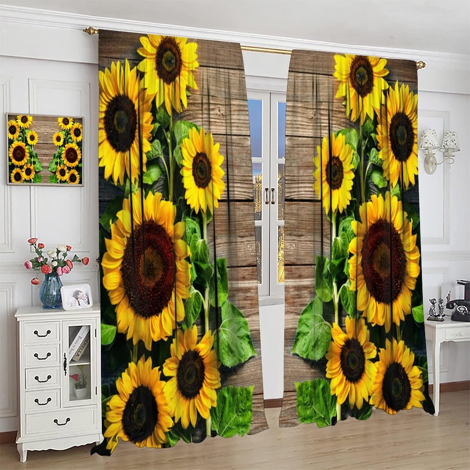 Cortinas de cocina con diseño de girasol, estampado 3D, con bolsillo para barra, para dormitorio, sala de estar, cafetería, tela de poliéster, juego