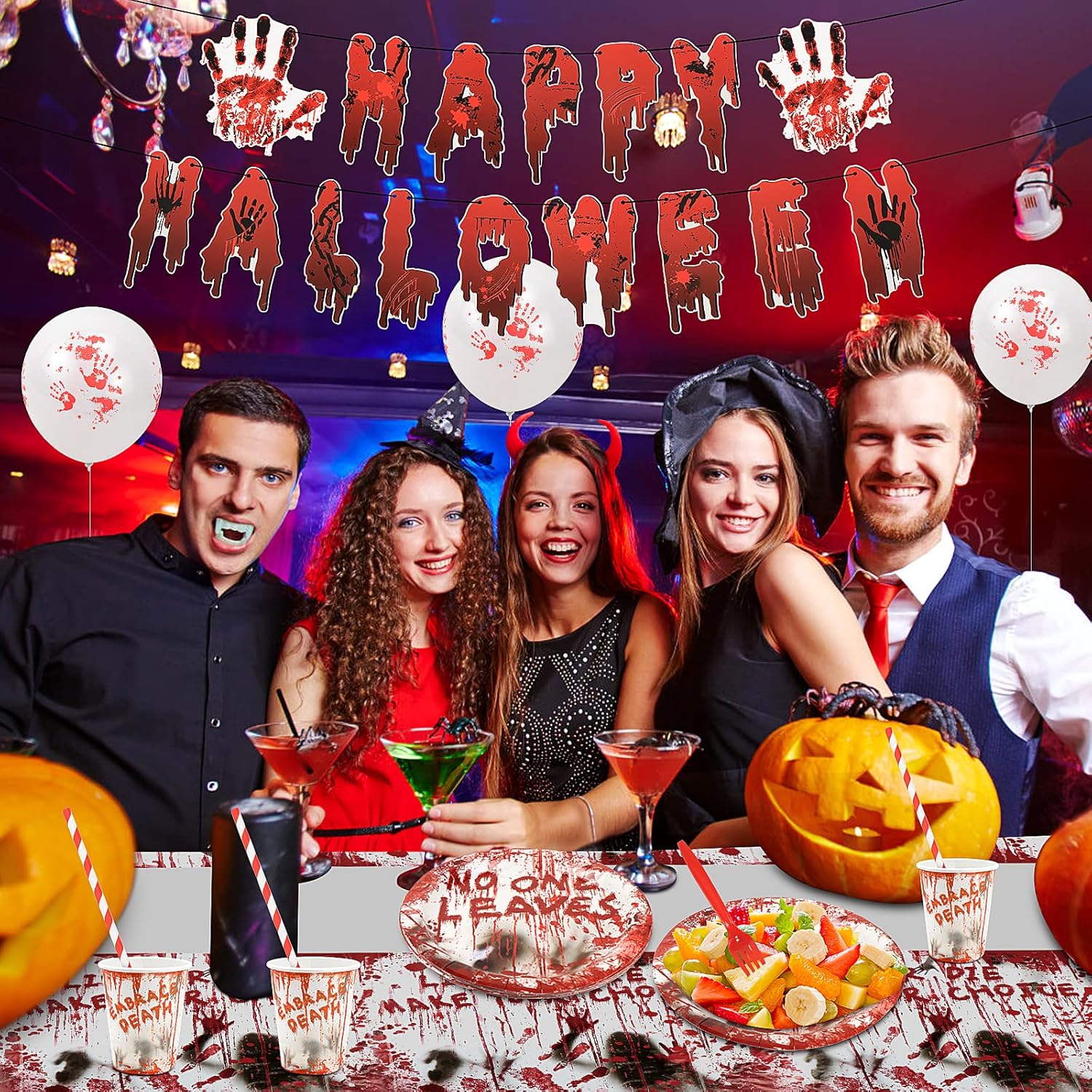 SelfTek Juego de vajilla de 177 piezas de suministros para fiesta de Halloween, decoraciones de fiesta de Halloween, vajilla desechable, platos de