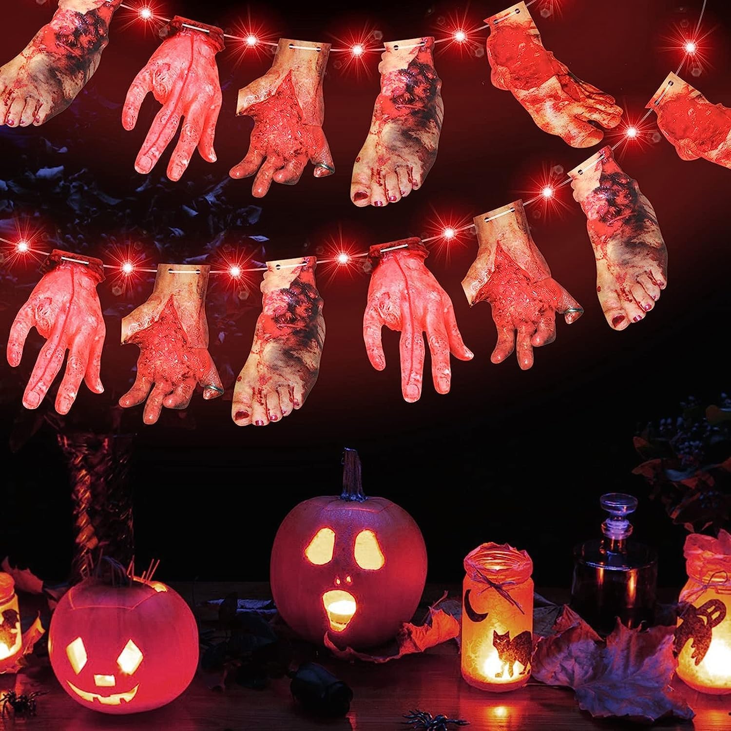 Luces LED rojas de Halloween con manos y pies sangrientos, decoración de tarjetas de cartel colgantes de 9.8 pies, 30 luces LED rojas, 2 modos de