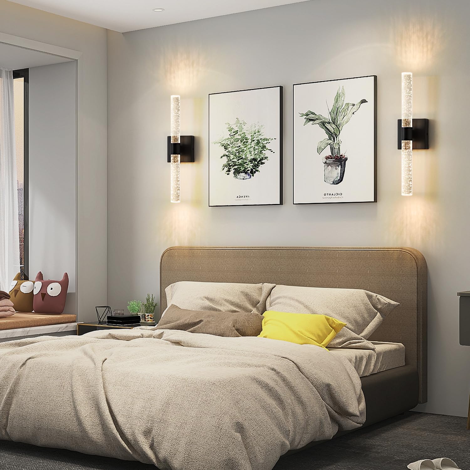 Biewalk Juego de 2 apliques de pared, apliques de tocador de baño, 12 W, regulable, LED, cristal negro, moderno aplique de pared para dormitorio,