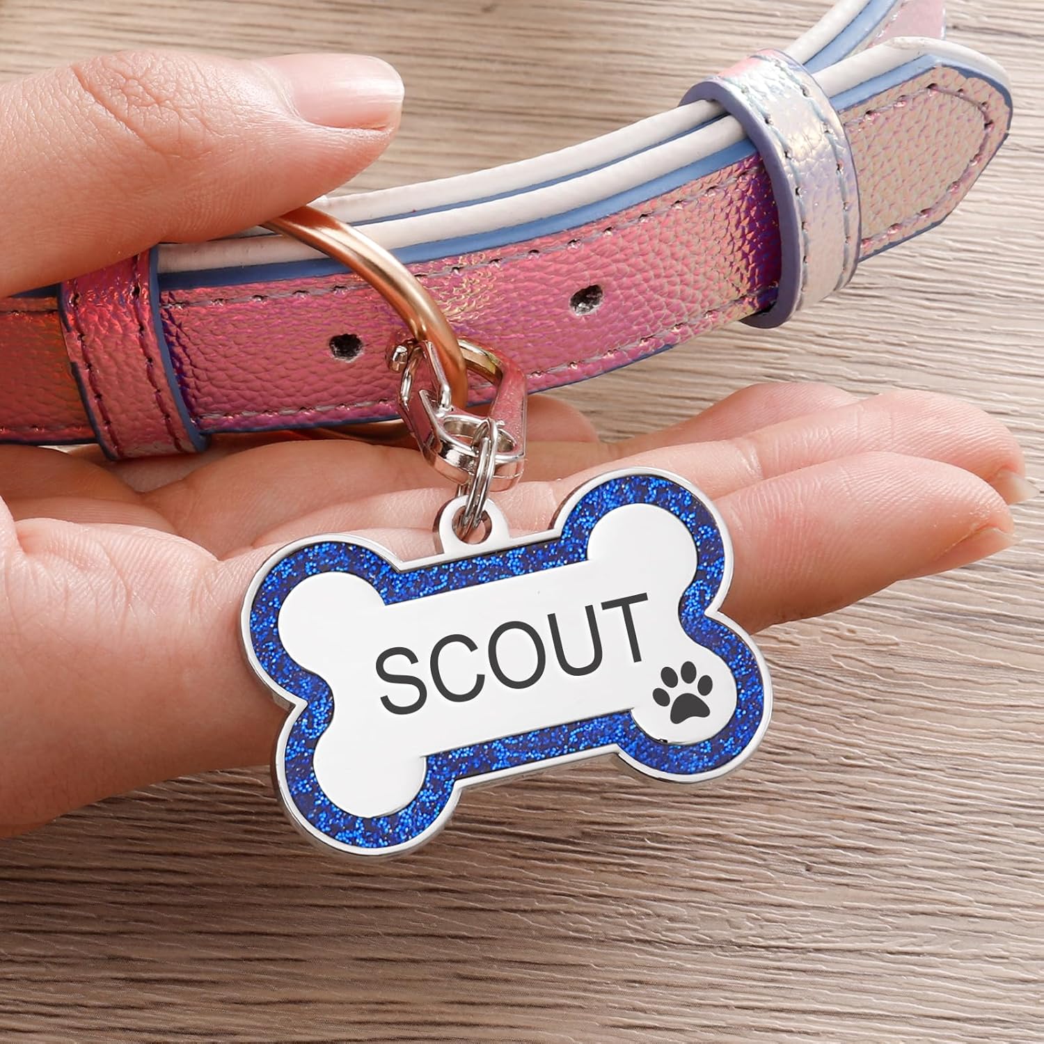 Etiquetas de identificación para mascotas, etiquetas personalizadas para perros con diseño de hueso brillante, collar grabado en ambos lados,