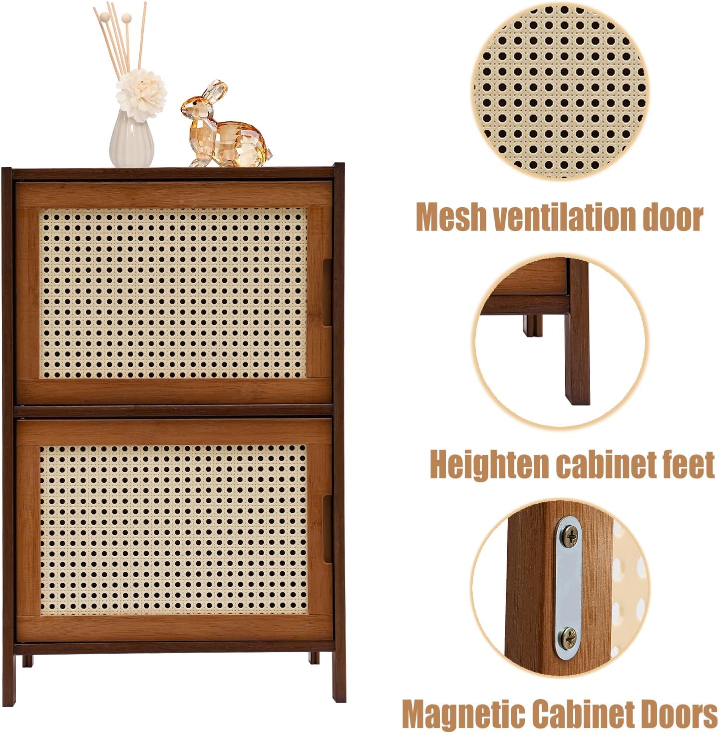 Mesita de noche con 2 cajones decorativos tipo ratán, moderna mesita de noche con pies de bambú natural macizo, mesa auxiliar de cama para