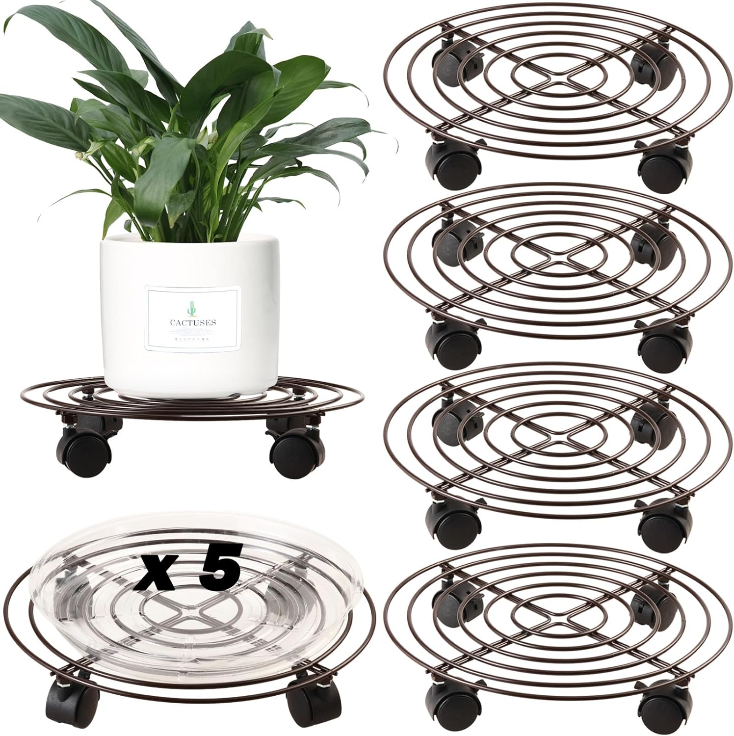 Paquete de 5 soportes grandes de metal para plantas de 13.8 pulgadas con ruedas de hierro forjado de alta resistencia con ruedas para interiores y