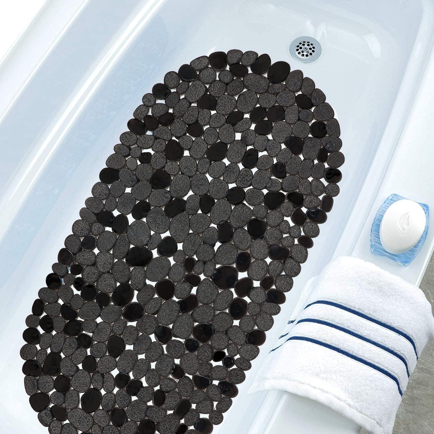 WELTRXE Pebbles – Tapete de baño antideslizante para bañera, color negro, con ventosas, agujeros de drenaje para duchas de baño, bañera, lavable a