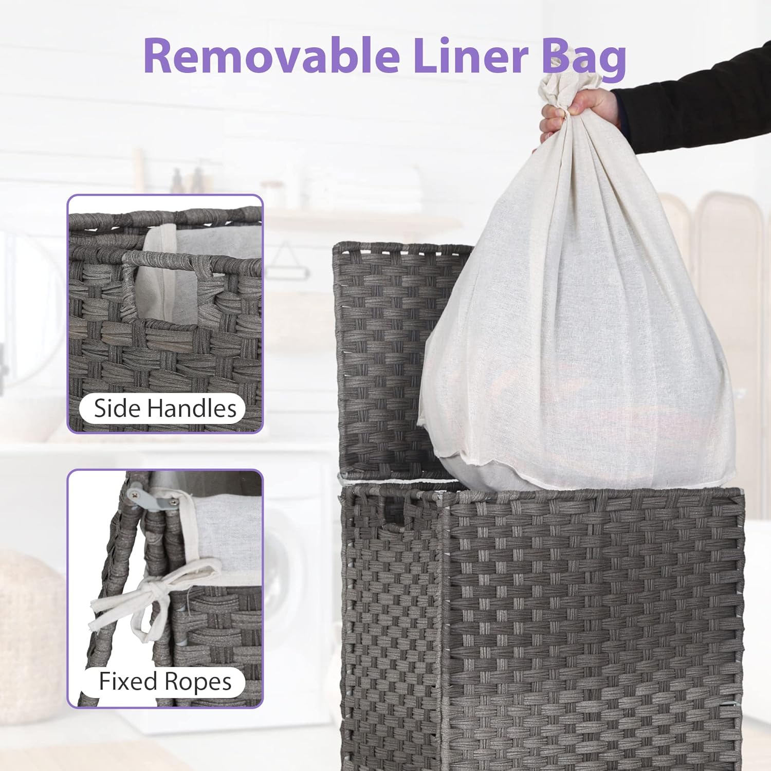 Cesta de lavandería con tapa, cesta de ropa plegable de 90 litros con 6 bolsas de lavandería y 2 bolsas extraíbles con forro tejidas a mano para