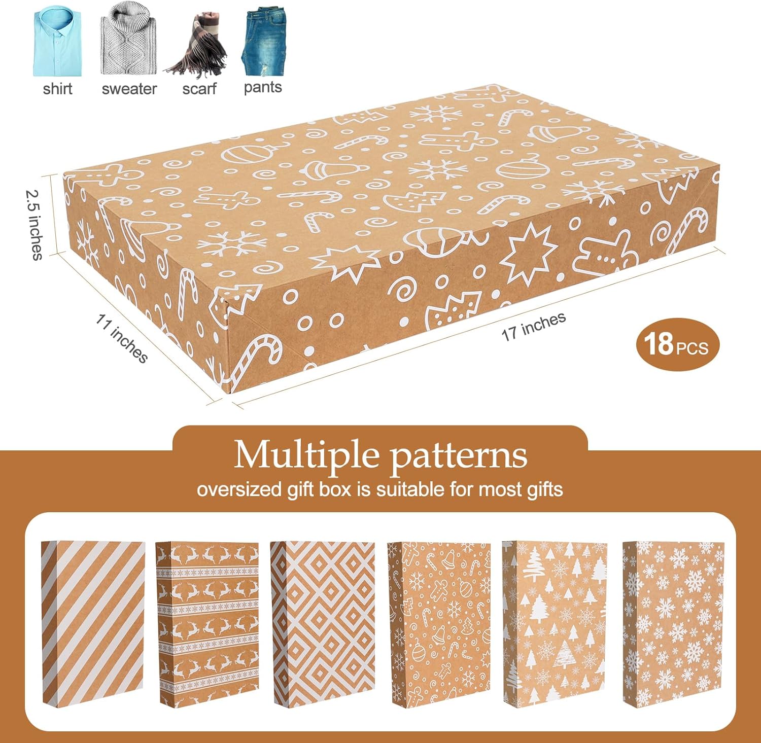 joyhalo Paquete de 18 cajas de regalo de Navidad con tapas para regalos, batas de papel kraft grandes a granel, abrigo, suéter, ropa, camisas, cajas