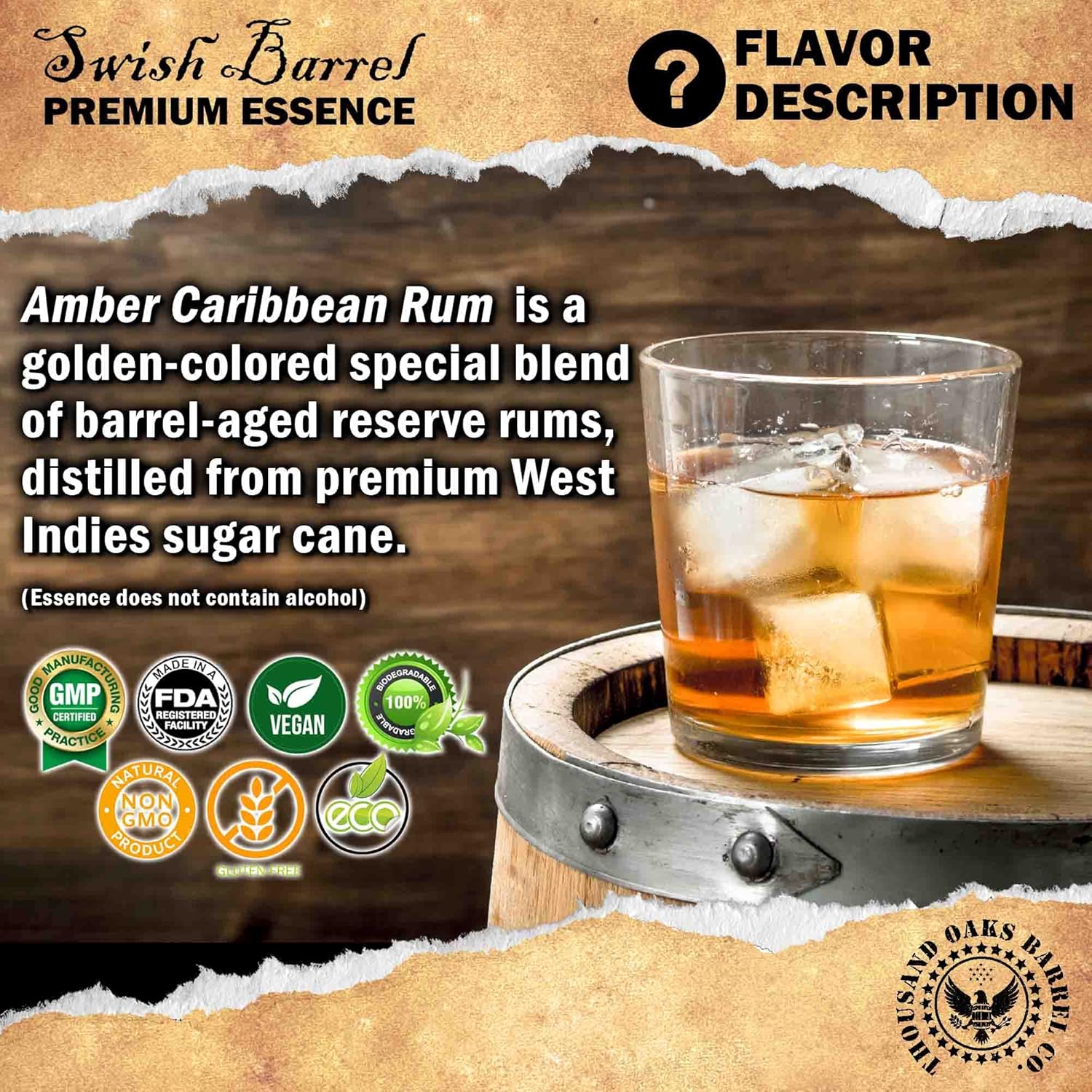 Amber Caribbean Rum Essence  Recambios de kit Bootleg  Thousand Oaks Barrel Co.  Sabor gourmet para cocteles añejados en barril  0.7fl oz (1)