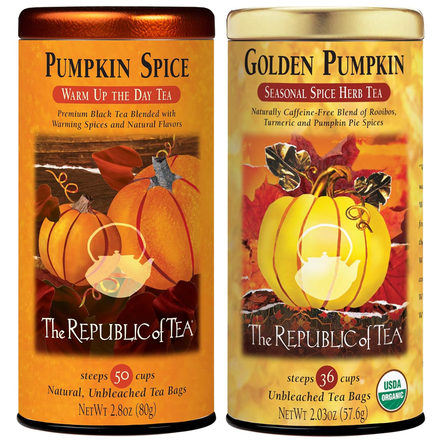 The Republic of Tea Tés de calabaza de otoño de edición limitada – Paquete de té de calabaza y calabaza dorada – 50 y 36 bolsas de té
