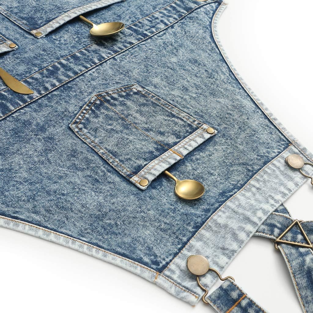 Jeanerlor – Delantales de trabajo de mezclilla con bolsillos para mujeres y hombres, correas cruzadas y ajustables de S a XXXL, Azul mezclilla