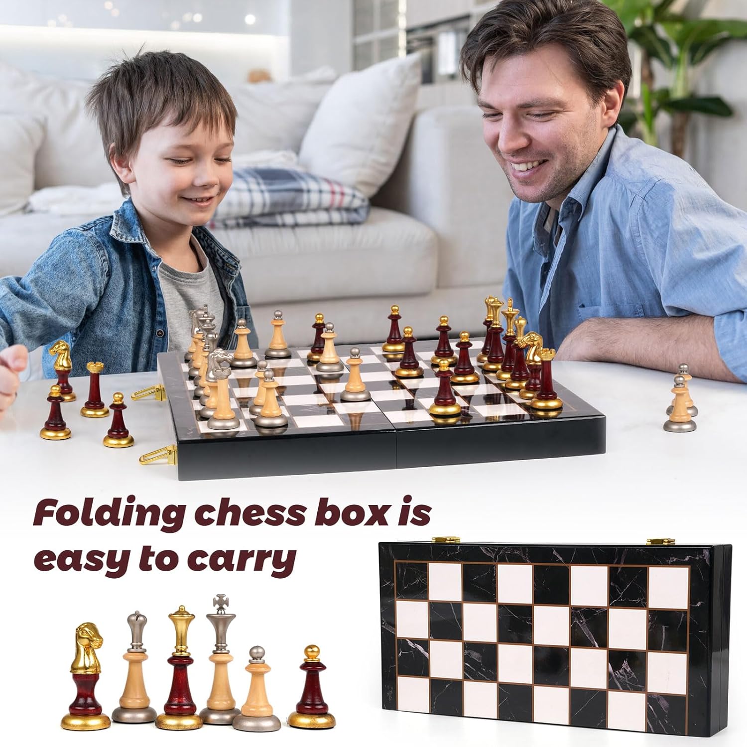 Juego de ajedrez de madera+metal para adultos y niños – Tablero de ajedrez de mármol con piezas de ajedrez – Juegos de ajedrez de viaje portátiles