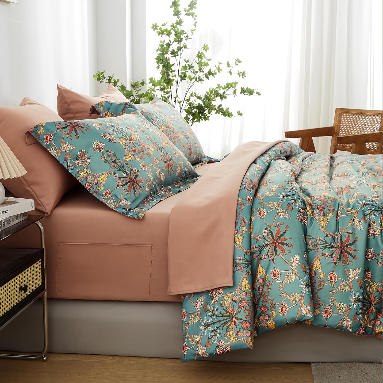 Cupocupa Juego de edredón queen edredón de 7 piezas para cama tamaño queen edredón ultrasuave y ligero queen juego de cama floral para todas las