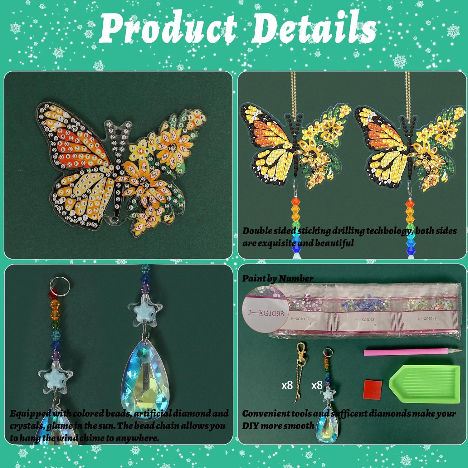 8 piezas de pinturas de diamantes de mariposa, atrapasoles de doble cara, pinturas de diamantes 3D de doble cara, pintura de campanilla de viento
