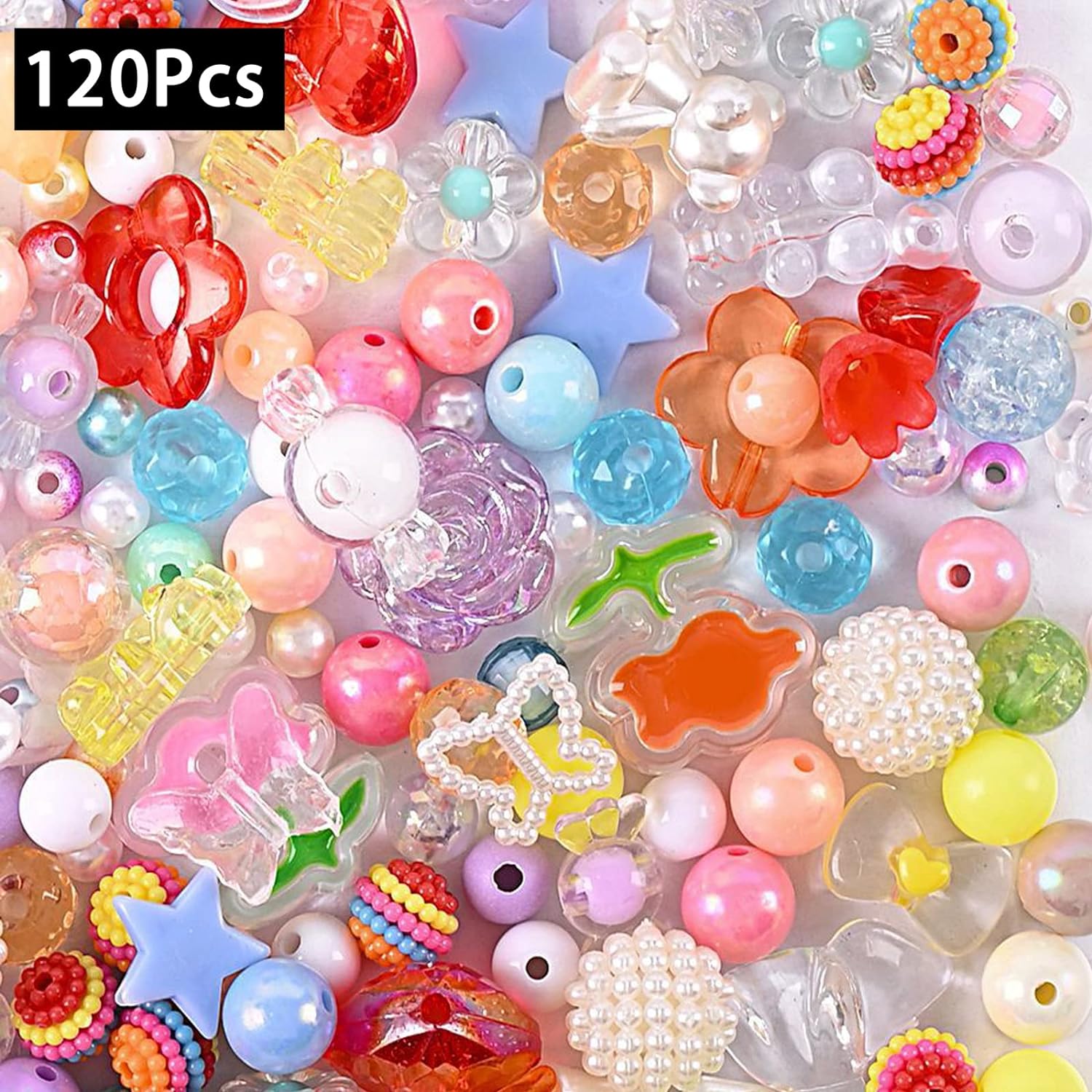 120 cuentas acrílicas surtidas de colores, flores, corazón, mariposa, caramelos, cuentas de caramelo, cuentas de plástico de color caramelo, lindas