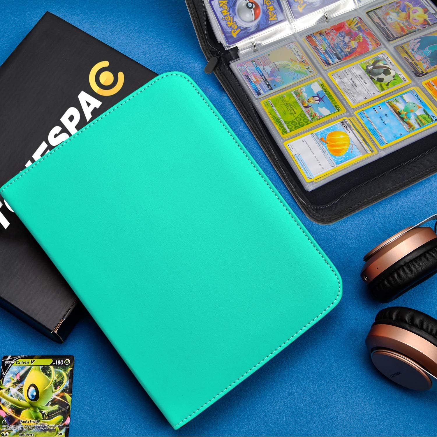 TONESPAC Carpeta de 900 tarjetas verde azulado con 9 bolsillos, material de poliuretano duradero e impermeable, sin ácidos, adecuado para todos los