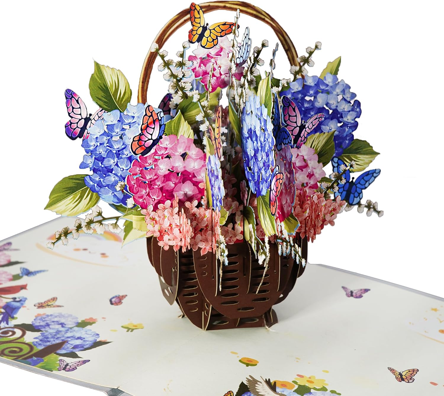 Tarjeta desplegable de cesta de hortensias – Tarjetas de felicitación de agradecimiento, cumpleaños, pensando en ti, recuperarte, día de San