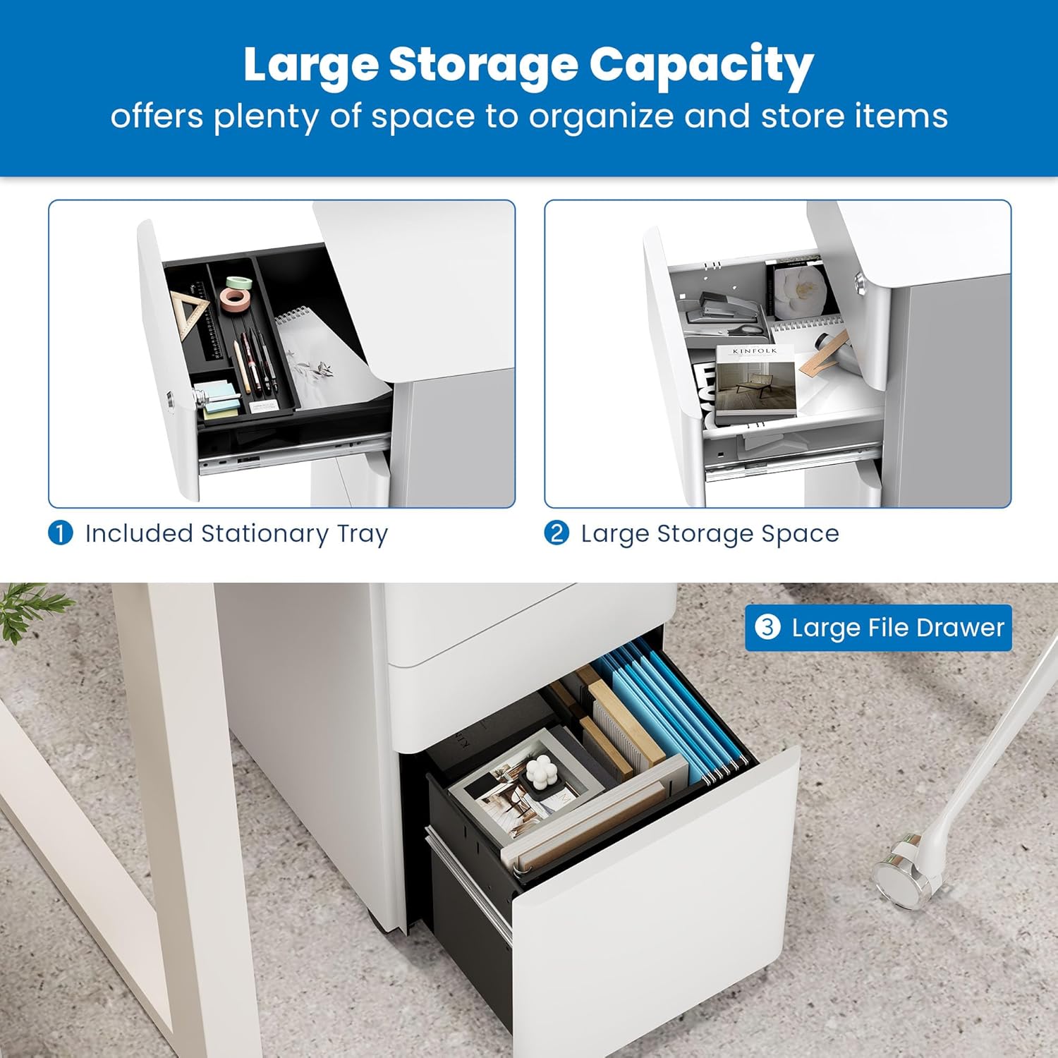 Mount-It! Pedestal de archivos móvil, archivador con 3 cajones, diseño delgado para almacenamiento debajo del escritorio para archivos, carpetas y