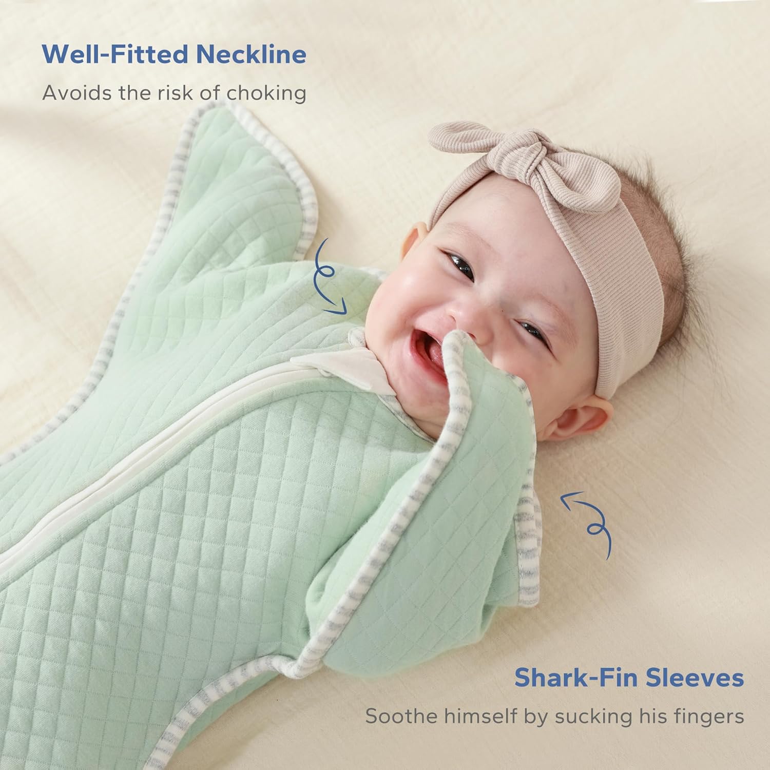 ZIGJOY Shark-Fin – Manta de transición  Saco de dormir acolchado de 1.0 tog para bebé, acogedor saco de transición con mangas para dormir mejor,