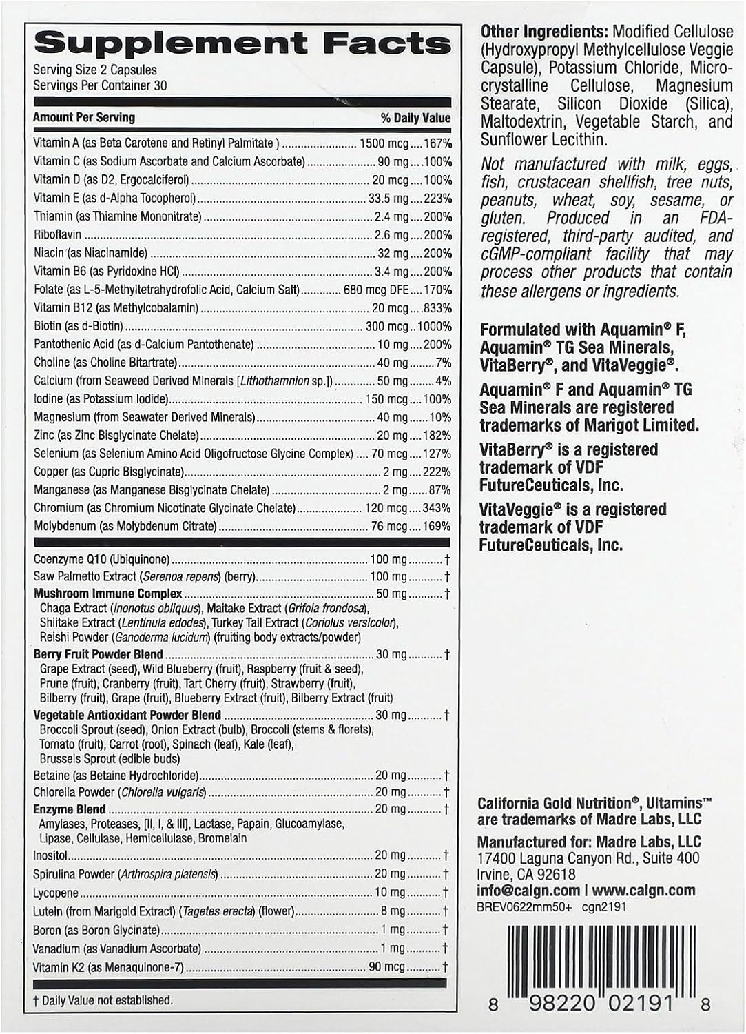 Ultamins – Multivitamínico para hombres 50+ con CoQ10, hongos, enzimas, verduras y bayas, 60 cápsulas vegetales, California Gold Nutrition