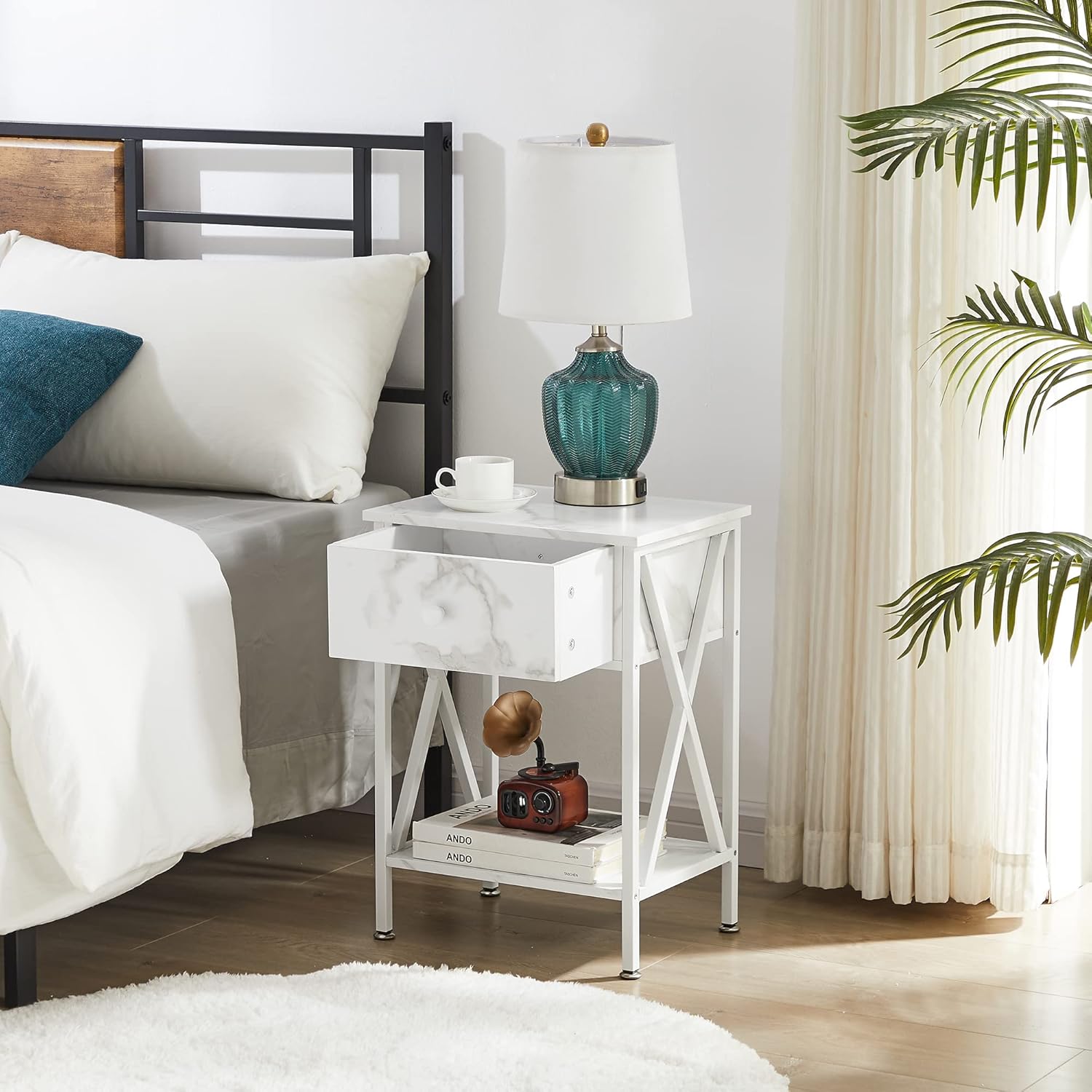 VECELO Mesita de noche, moderna mesita de noche, mesita de noche con cajón y estante de almacenamiento para sala de estar, dormitorio, marco de