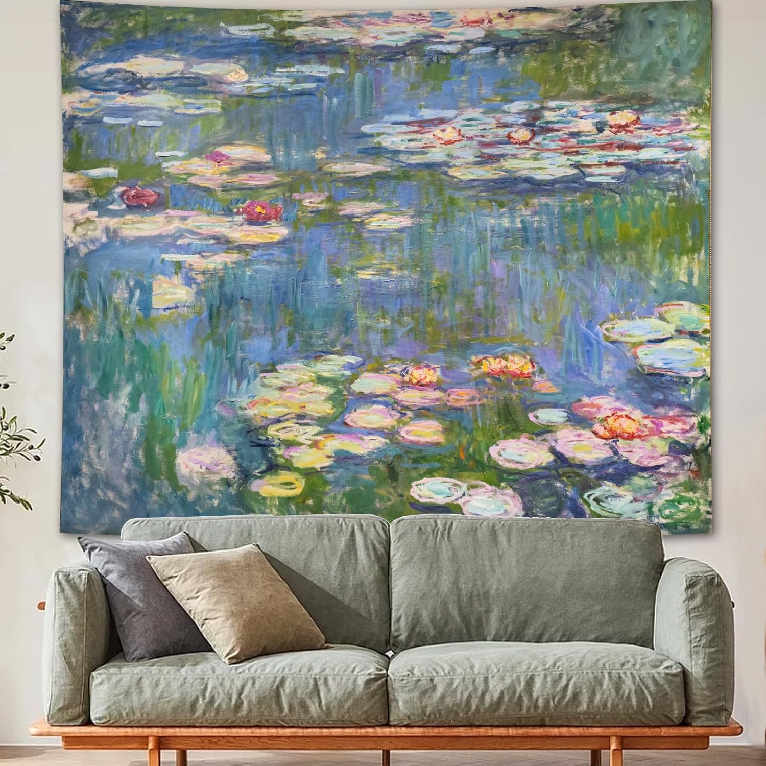 Avinyl Monet – Tapiz verde de lirios de agua para decoración de pared para dormitorio, estético, abstracto, flor hippie, colgante de pared para sala