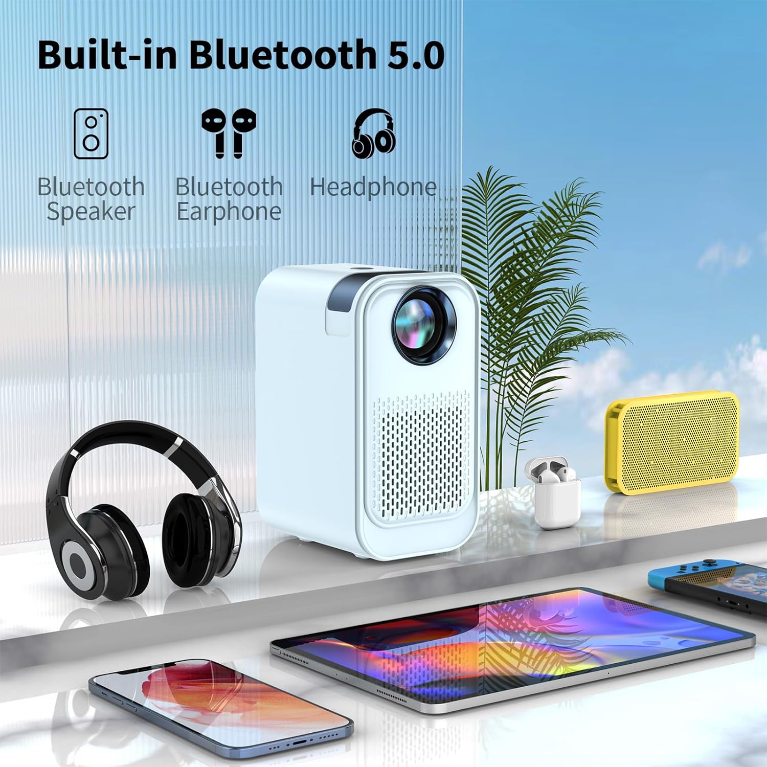 Mini proyector con WiFi 5G y Bluetooth, proyector compatible con 1080P con soporte para proyector, proyector de películas compatible con iOSteléfono