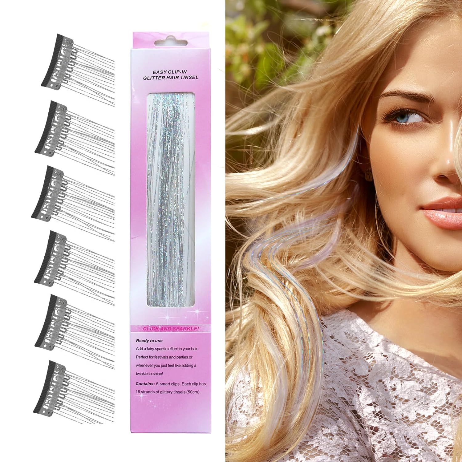 Luckyvestir Extensiones de cabello de oropel con clip, de hadas, resistentes al calor, hebras con purpurina, kit de oropel plateado, 6 piezas