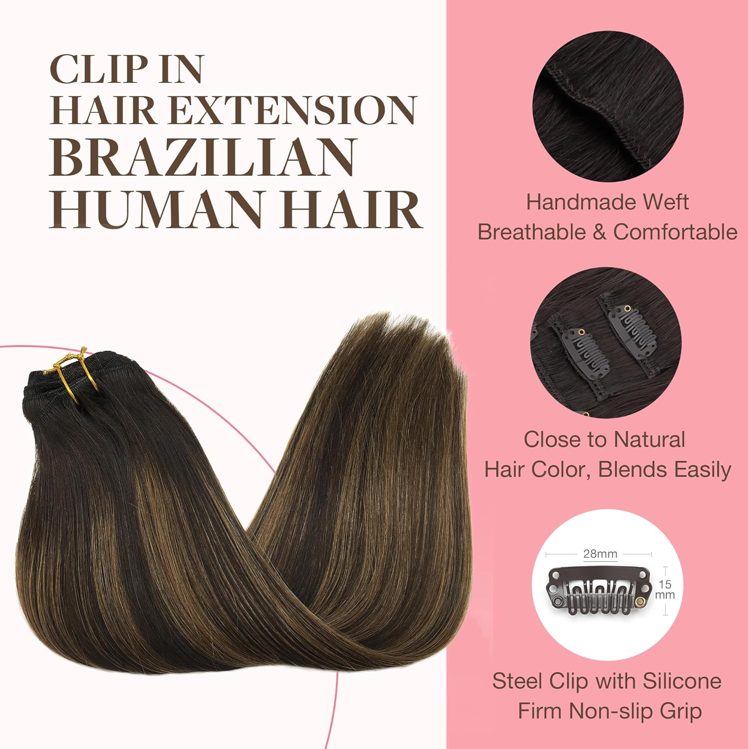 GOO GOO – Extensiones de cabello lacio humano Remy con clip en balayage, color castaño oscuro a castaño, 14 pulgadas, 7 piezas, 120 gramos