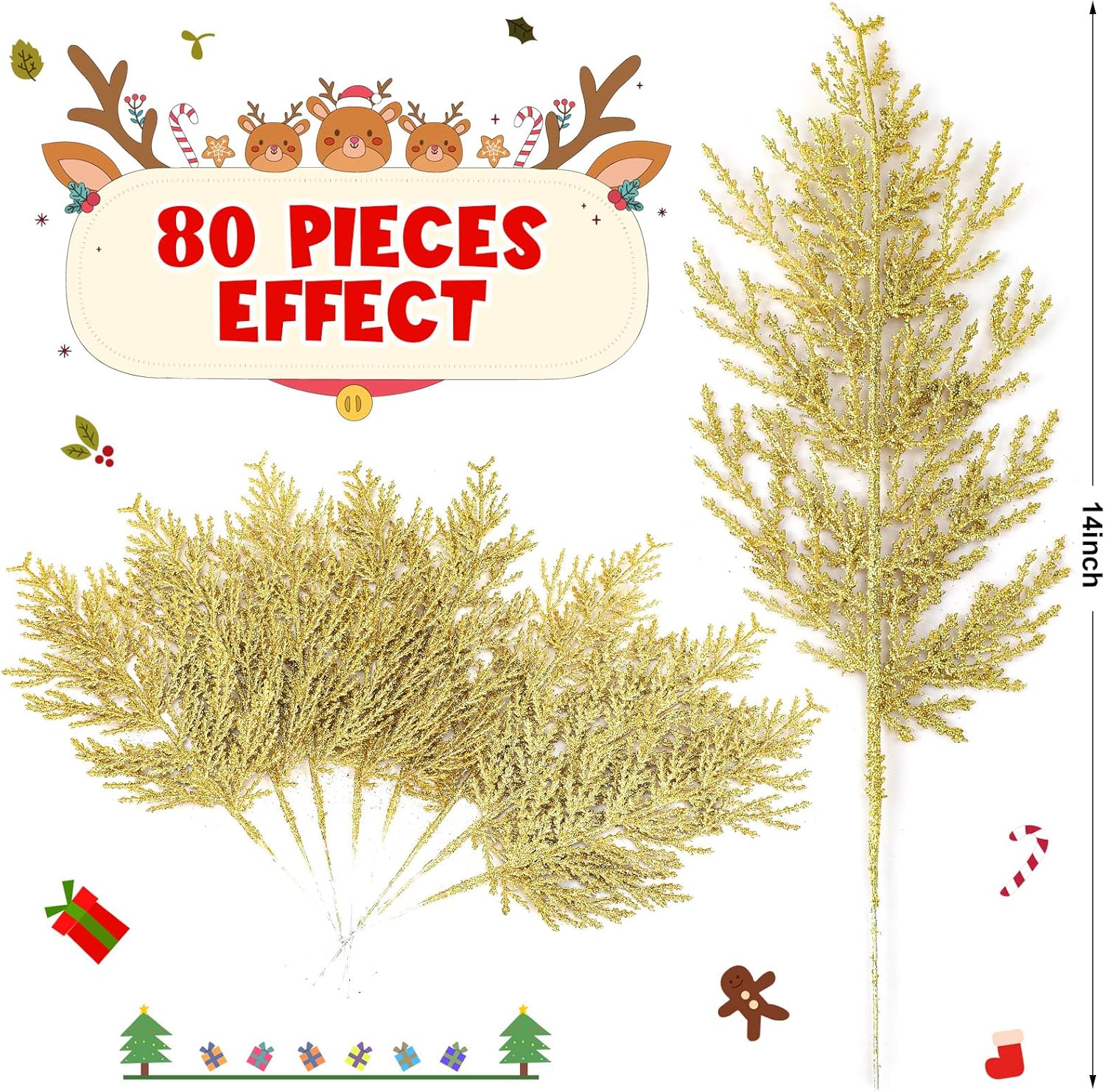 Sinmoe 80 agujas de pino artificial grandes de Navidad con purpurina, ramas de pino artificiales de 14 pulgadas, tallos de vegetación artificiales,