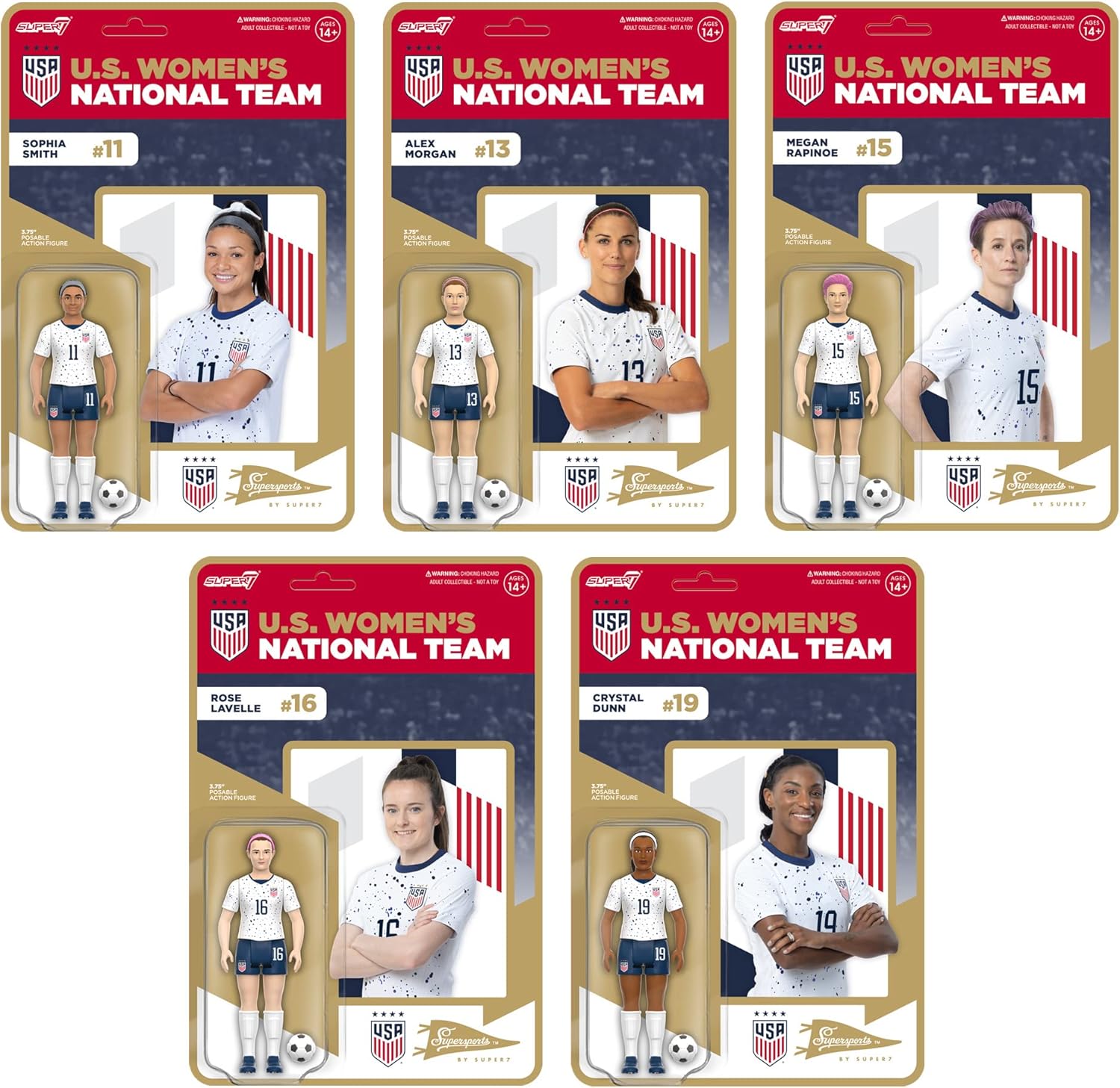 Super7 USWNT Soccer Crystal Dunn – Figura de acción del equipo nacional de mujeres de Estados Unidos de 3.75 pulgadas con accesorio de pelota de
