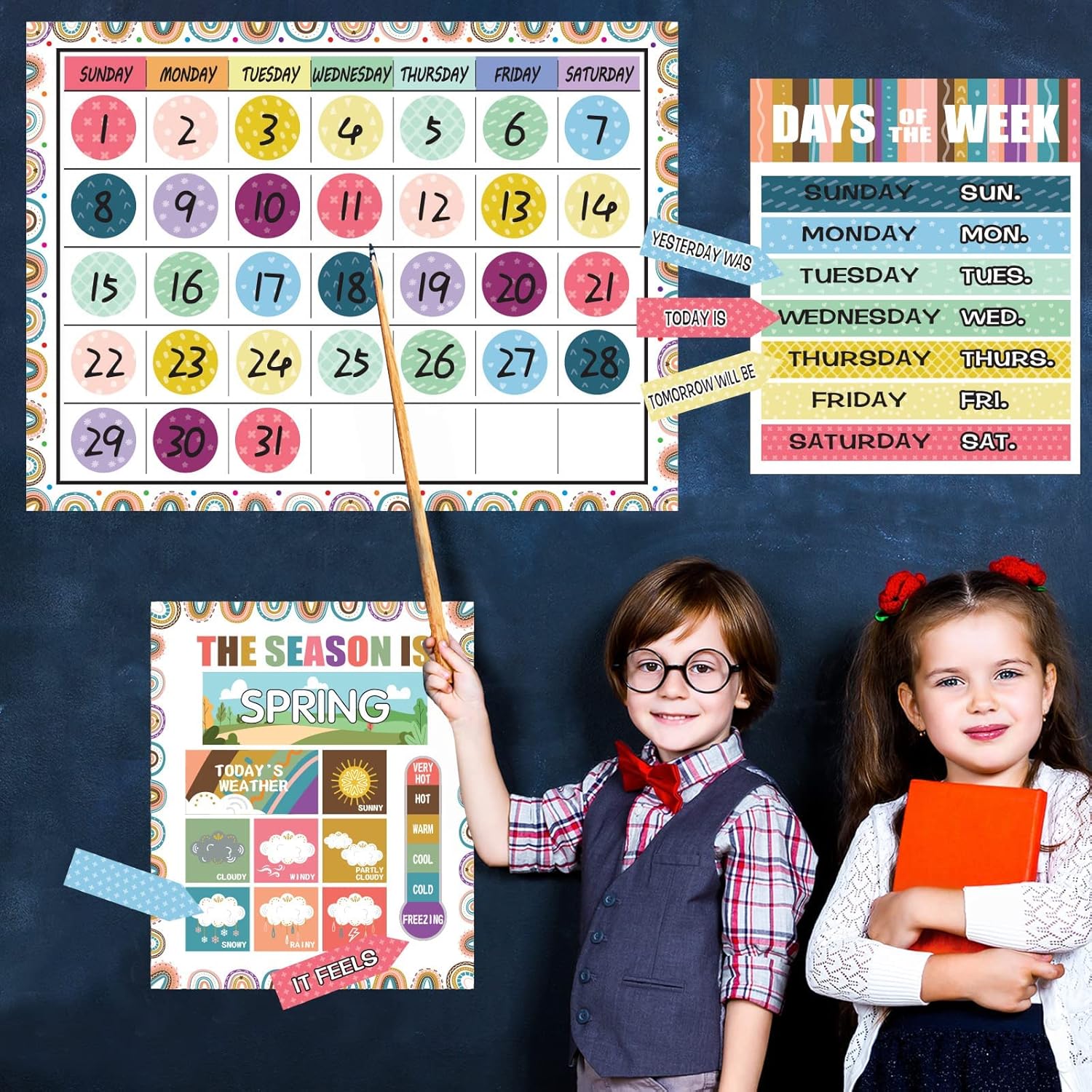 Juego de tablones de anuncios con calendario de arcoíris bohemio, calendario de estaciones, tabla de anuncios CTP y decoración de aula con