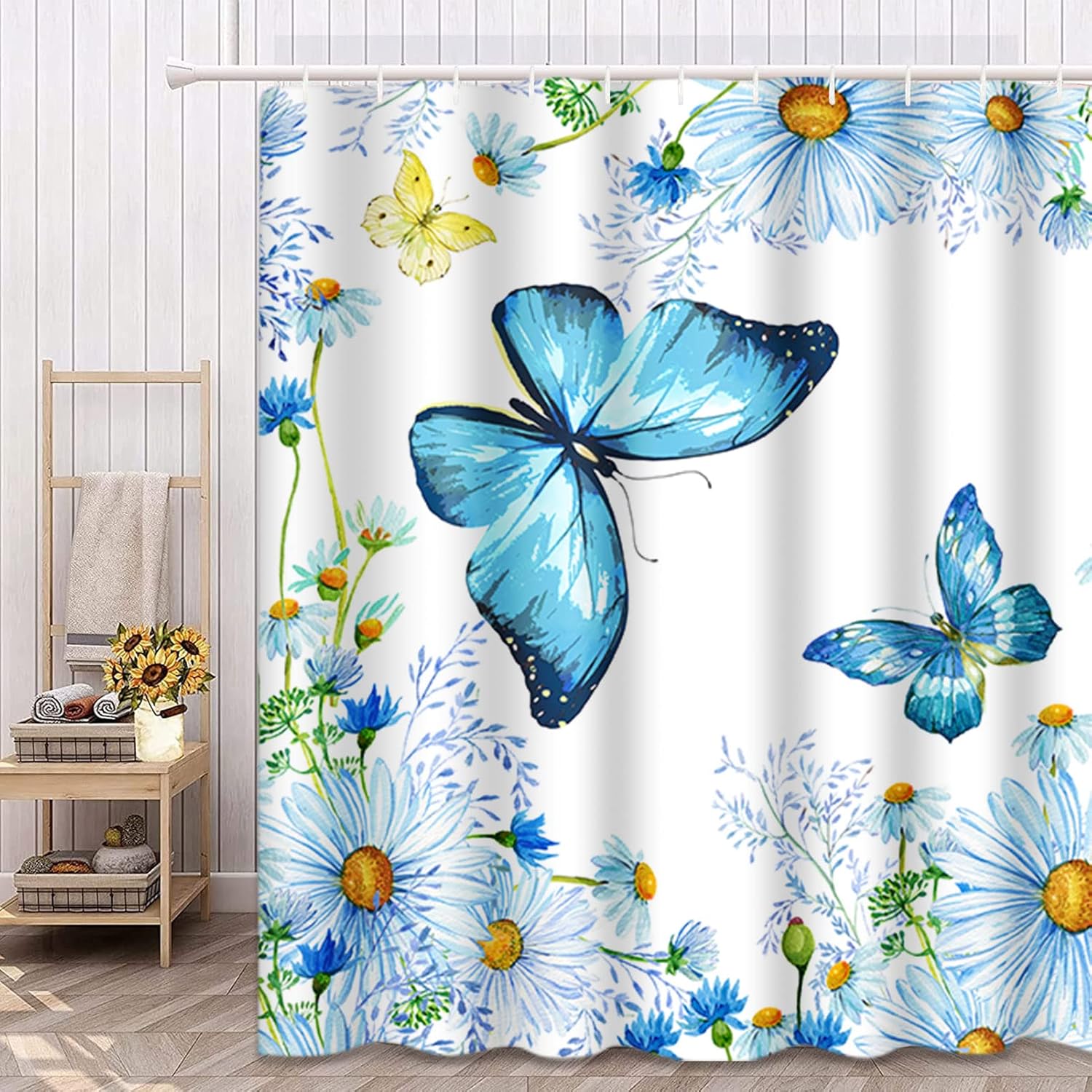 Cortina de ducha de mariposa de 72 x 72 pulgadas, cortina de ducha de flores silvestres azules, margaritas y mariposas, cortina de ducha floral de