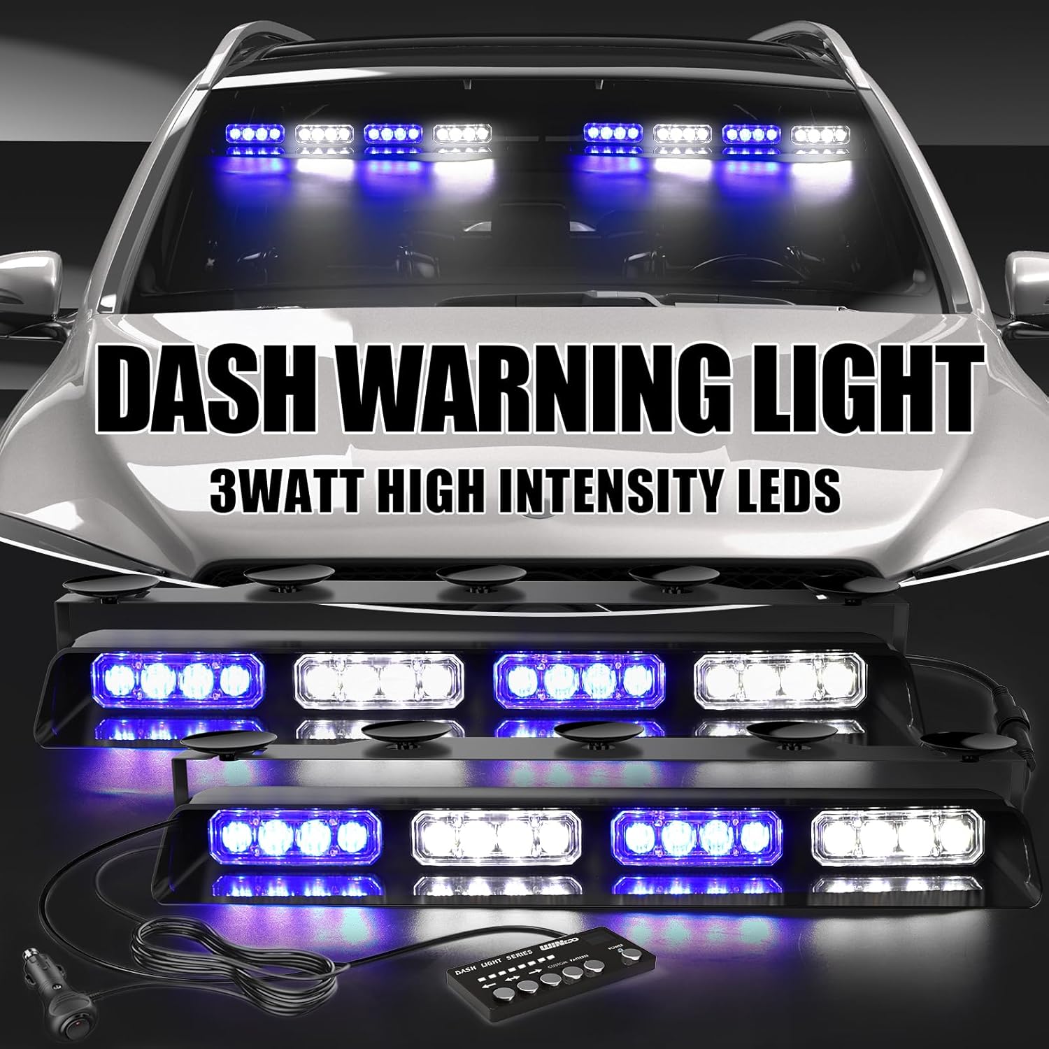 Luces de policía estroboscópicas de emergencia azul y blanco, peligro de advertencia intermitente de seguridad interior para parabrisas