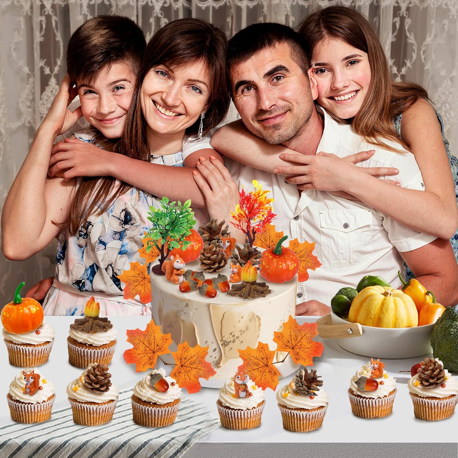 RAYNAG 25 decoraciones para tartas de Acción de Gracias, decoraciones de otoño para fiestas de cumpleaños, calabazas artificiales, hoja de arce,