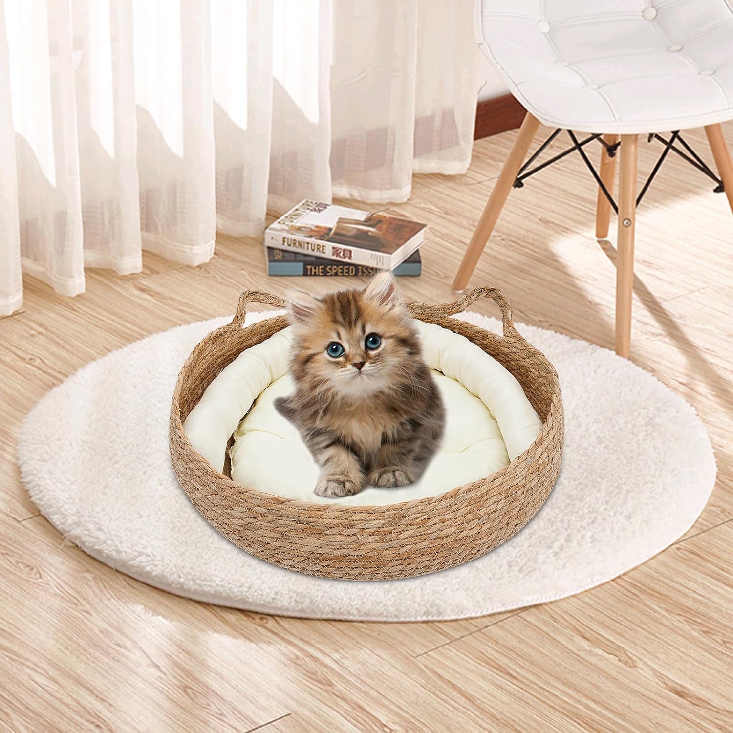 LUGBING Cama tejida suave para gatos, 16.9 pulgadas, cómodo rascador para gatos con cojín, almohada y alfombrilla de bambú, nido de dormir