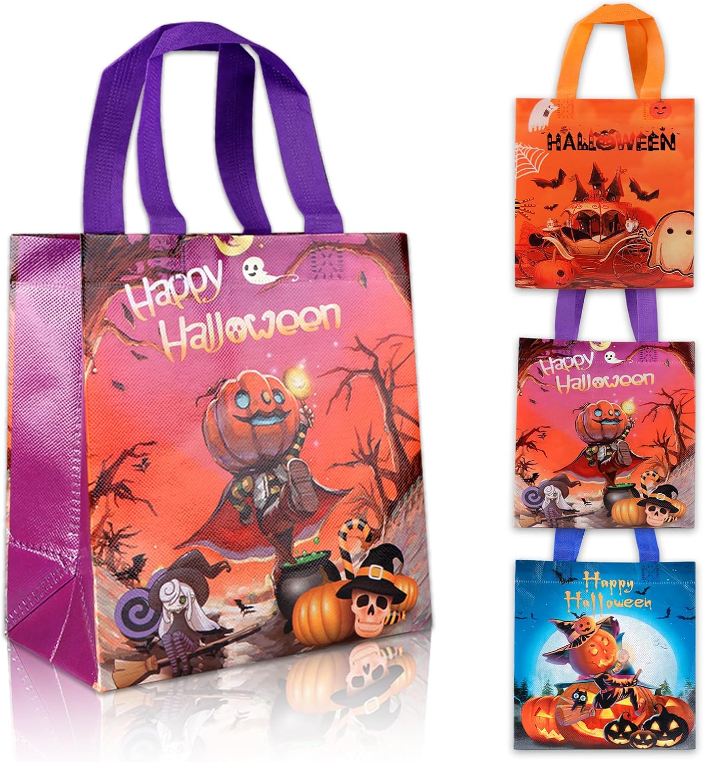 Bolsas de Halloween para dulce o truco, 4 bolsas pequeñas de Halloween con asas, bolsas multifuncionales no tejidas para envolver regalos, dulce o