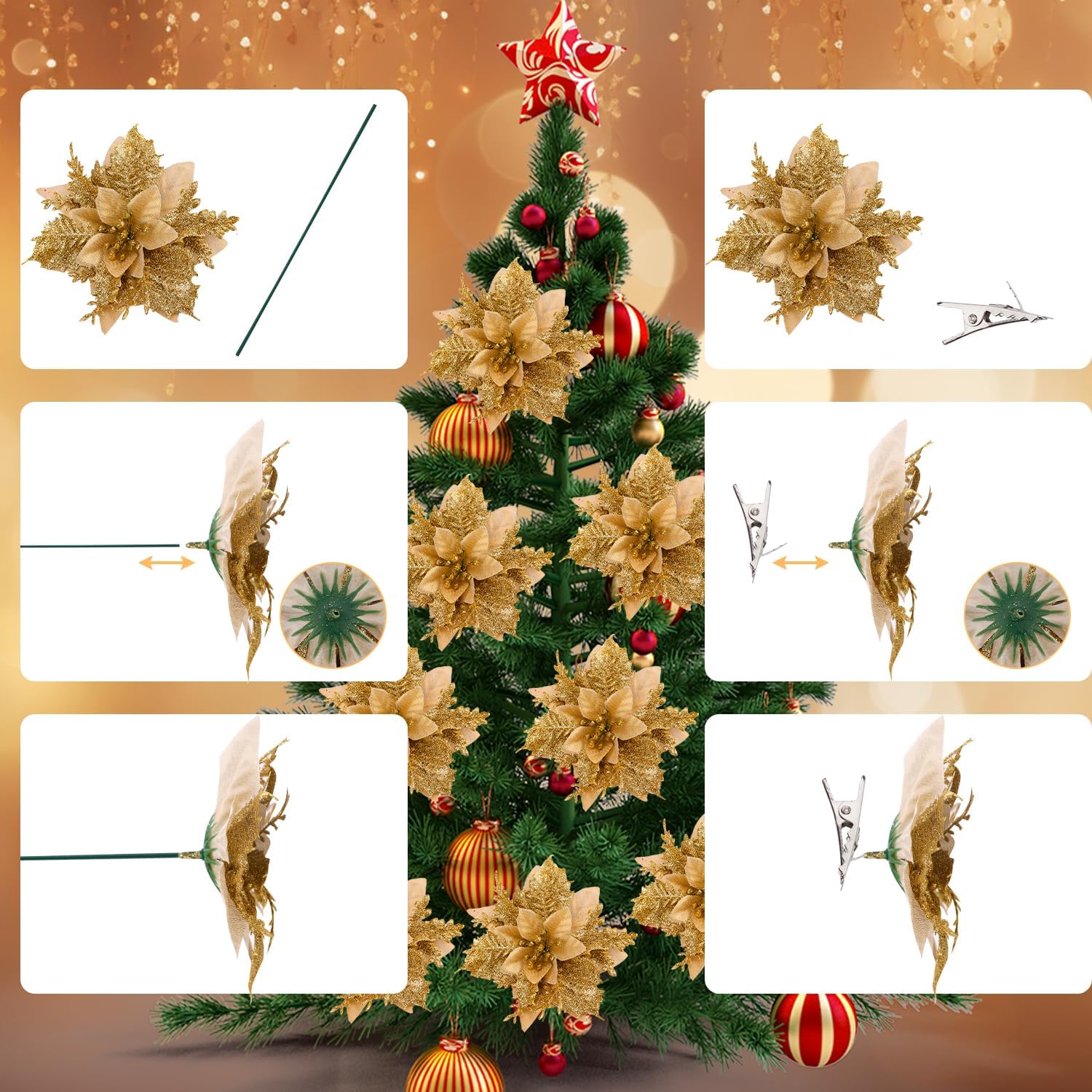 BOXOB 12 adornos de Navidad, flores de Pascua artificiales con 12 pedúnculos y 12 clips de purpurina para decoración de fiesta de árbol de Navidad