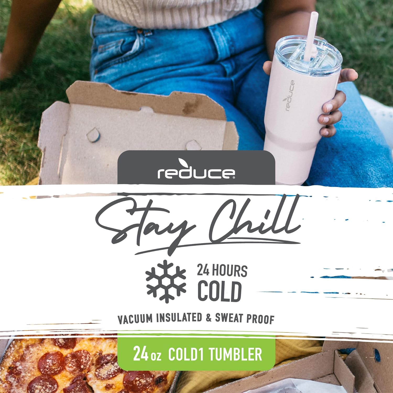 REDUCE Cold1 – Vaso de 24 onzas con tapa y pajita, vaso de acero inoxidable con aislamiento al vacío de doble pared que mantiene las bebidas frías