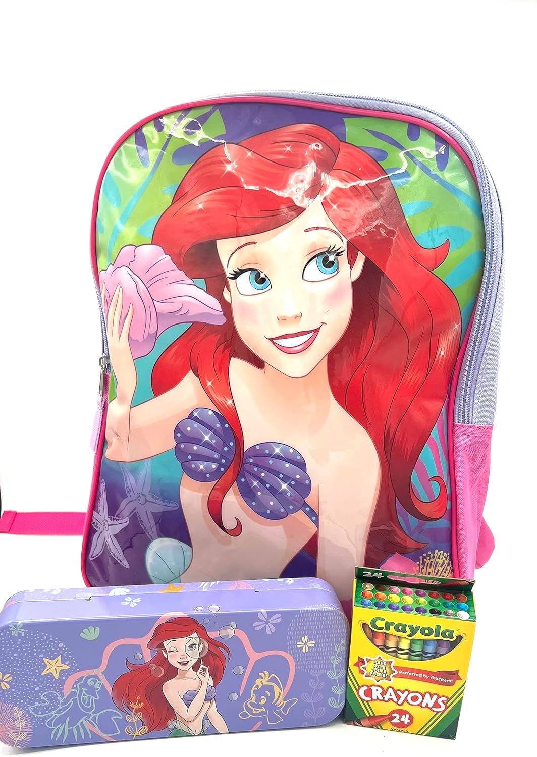 Disney Princess Ariel Little Mermaid – Juego de mochila de 15 pulgadas con caja de lápices Ariel y 24 crayones Crayola