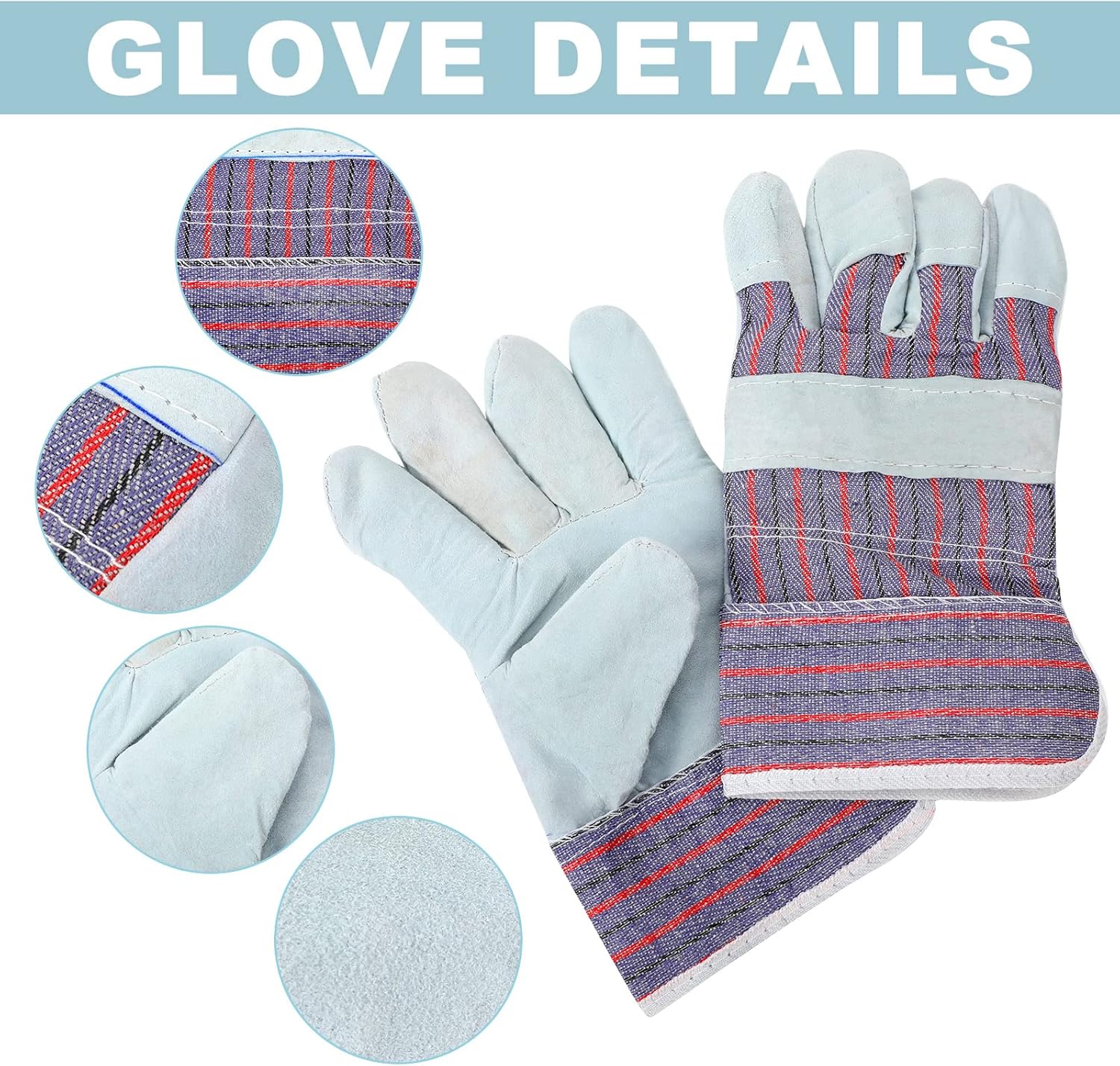 Jiuguva 24 pares de guantes de trabajo de algodón, guantes de cuero de seguridad, guantes de jardinería con palmas reforzadas de alta resistencia