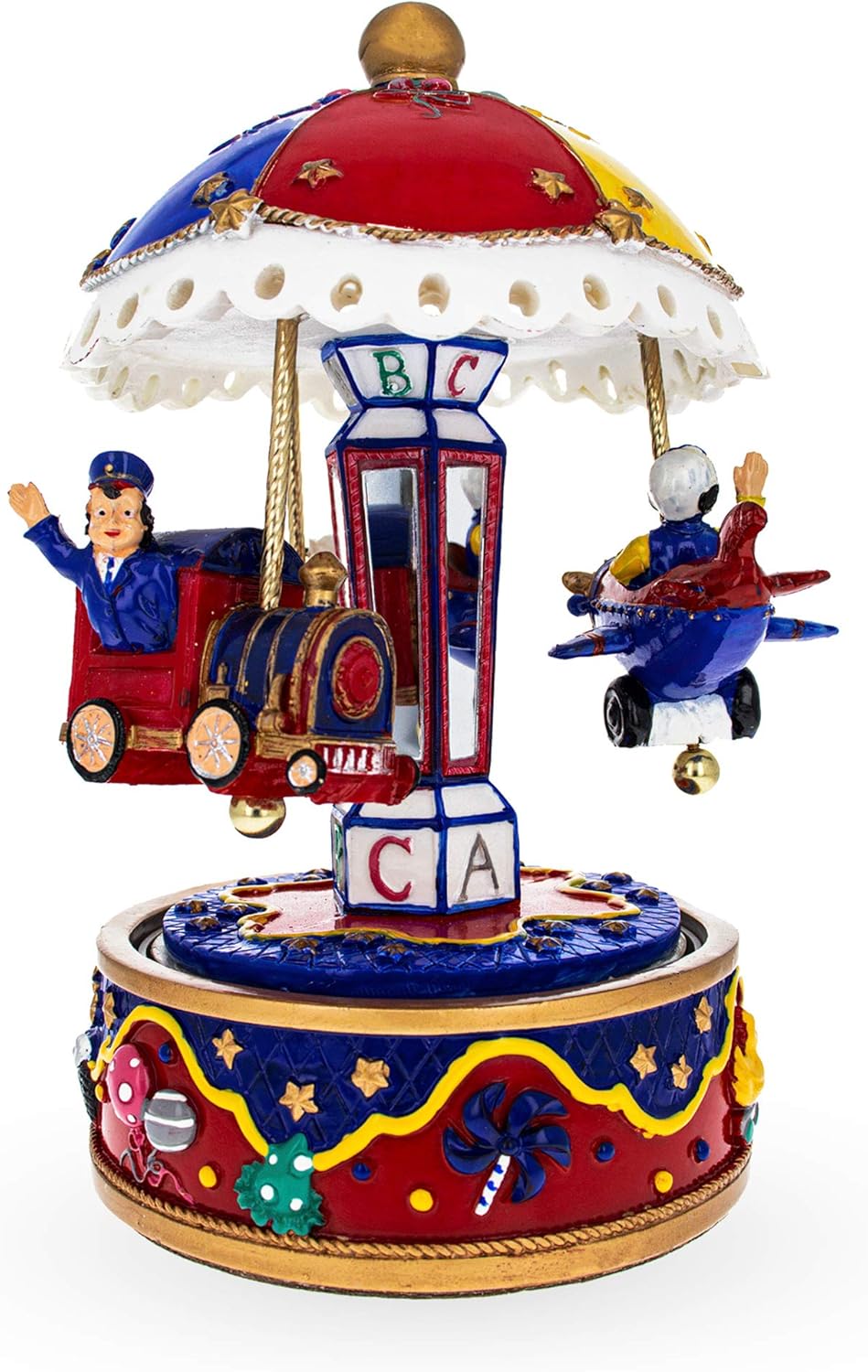 Carrusel de transporte caprichoso figura musical con avión, barco y tren