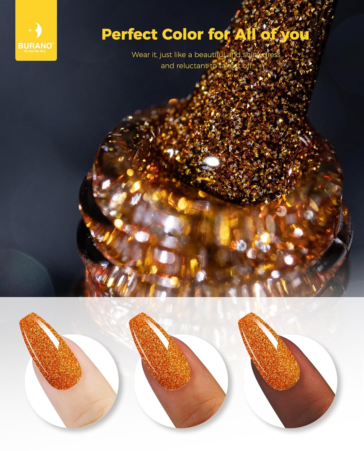 BURANO Esmalte de uñas de gel reflectante, esmalte de gel reflectante con purpurina de diamante de 0.2 fl oz, esmalte de gel de color brillante para
