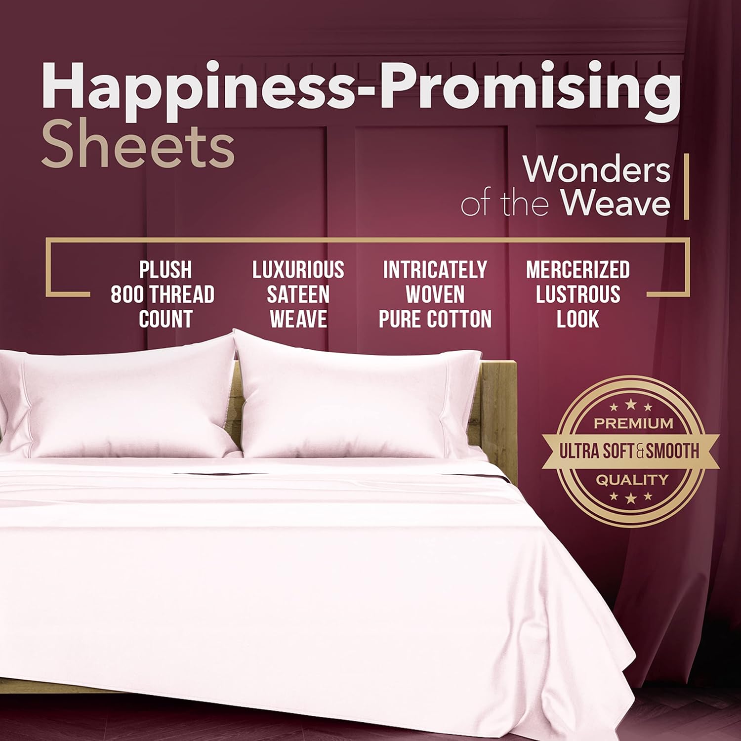Comfy Sheets – Juego de sábanas con tejido de satén, bolsillo profundo y 100% algodón egipcio de 800 hilos, Blush, Completo