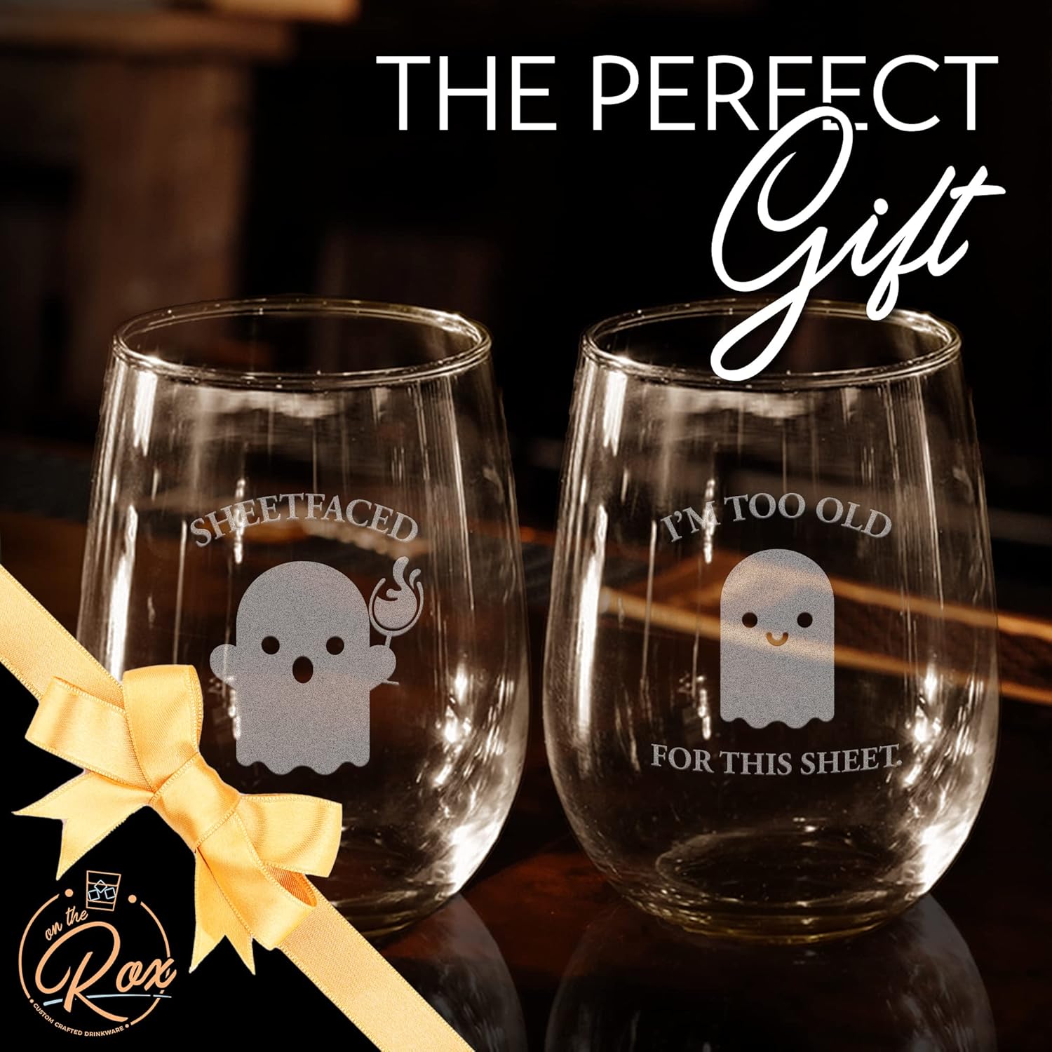On The Rox Drinks Regalos de copa de vino de Halloween para mujeres, con texto en inglés “I Too Old For This Sheet Faced 2PC”, juego de copas de