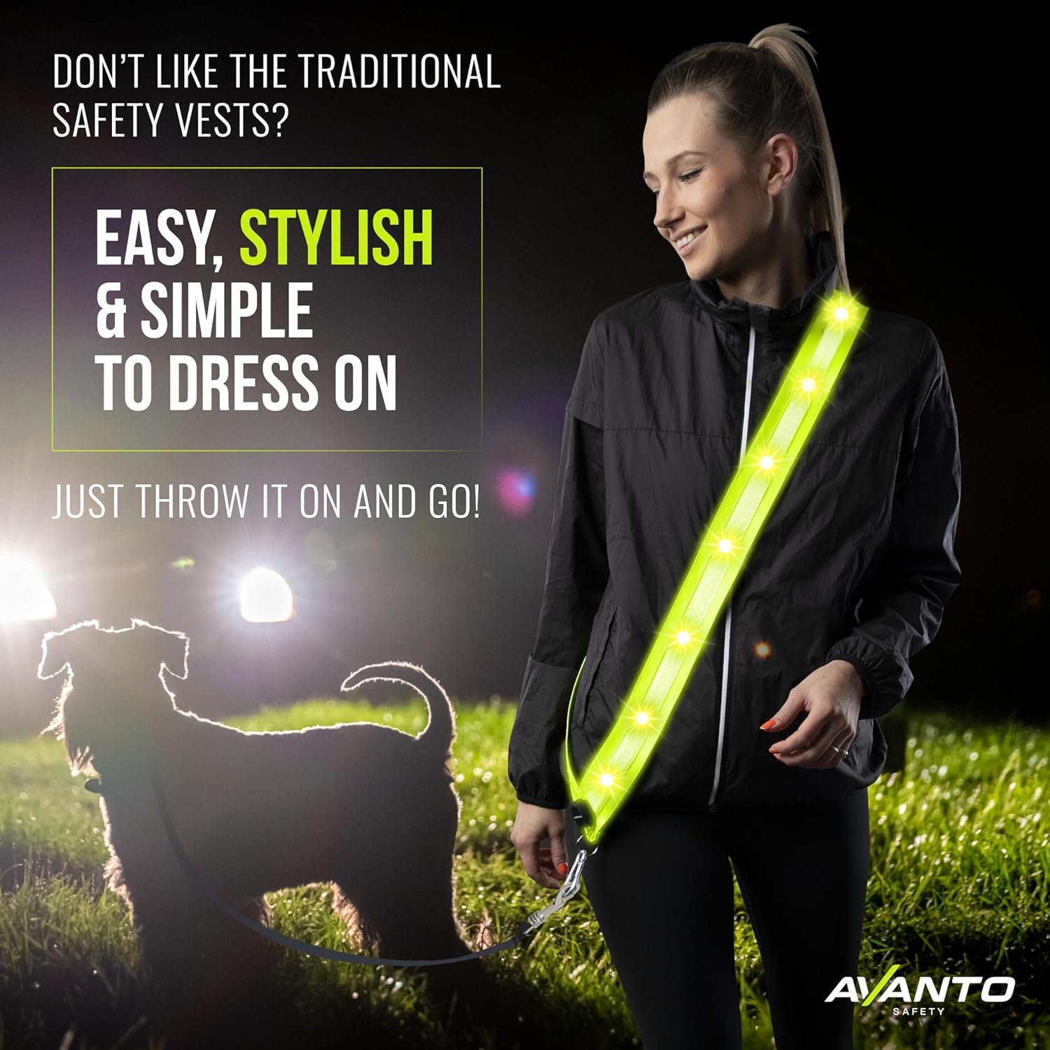 AVANTO – Banda reflectante LED, original, USB-C, chaleco reflectante para caminar, cinturón LED para pasear perros, chaleco reflectante para
