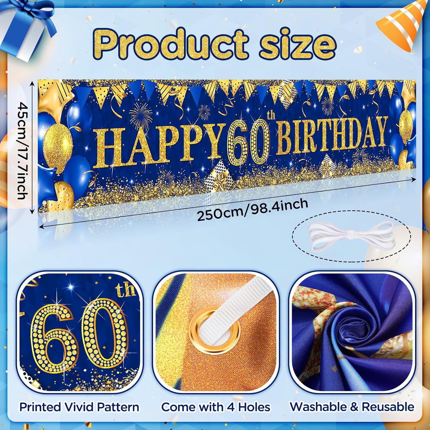 Globos de decoración de cumpleaños n. 60 en color azul dorado para hombres y mujeres, azul marino y dorado para fiesta de cumpleaños n. 60, pancarta