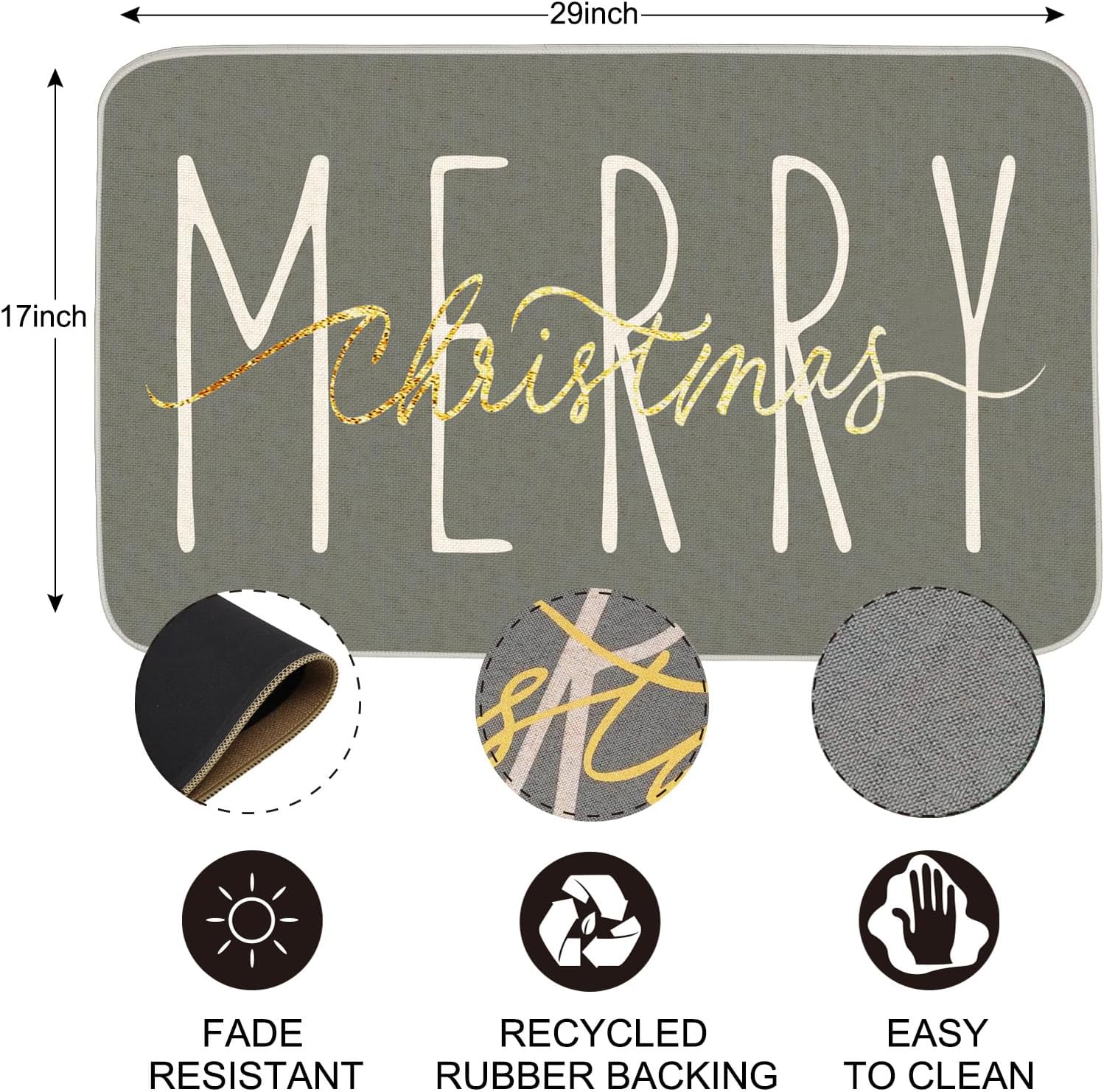 ONWAY Felpudo de Navidad, tapete de invierno gris dorado para puerta de invierno, de bajo perfil, tapete para interiores y exteriores, 17.5 x 29