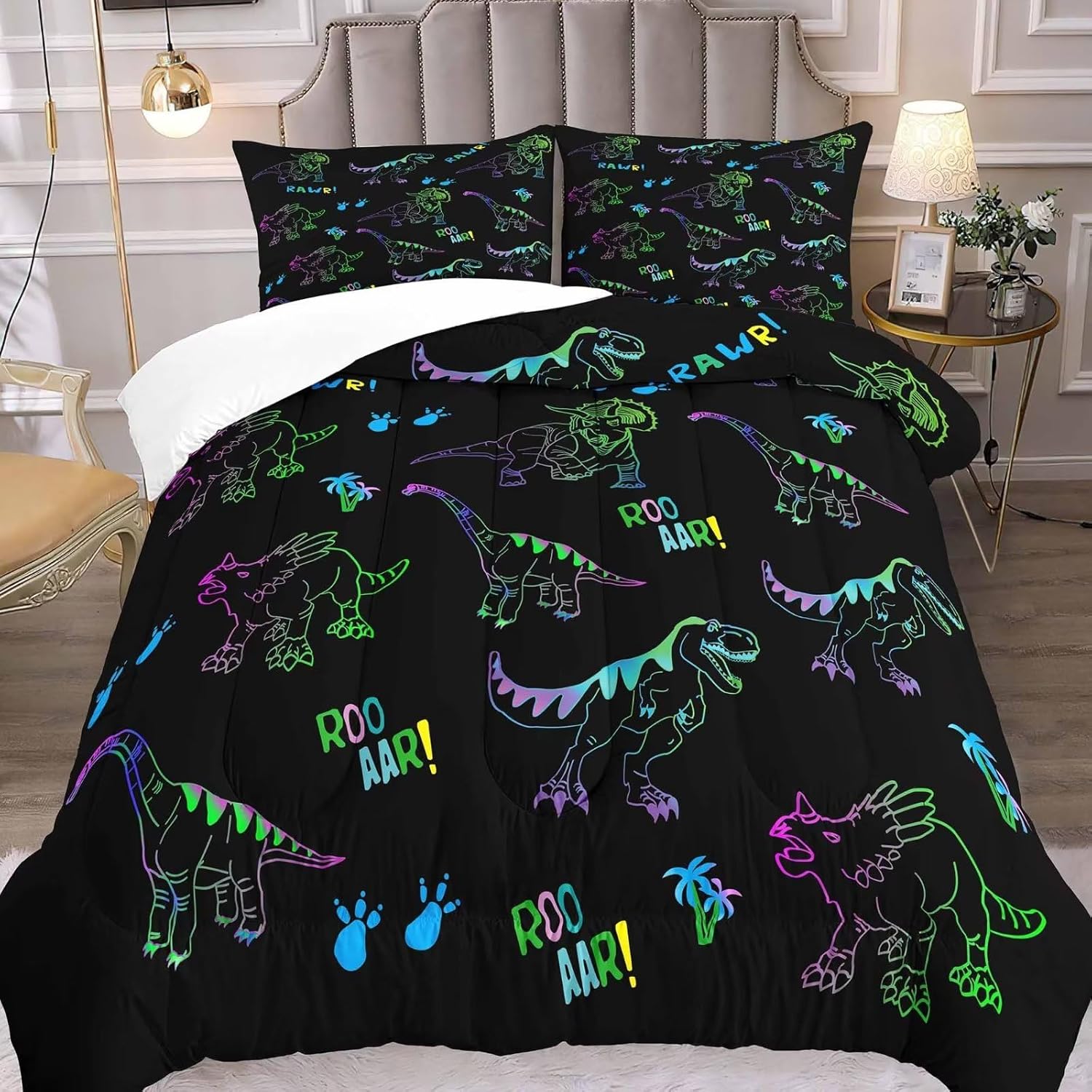 Juego completo de ropa de cama de dinosaurio de 3 piezas, edredón de dinosaurios, 2 fundas de almohada de dinosaurio