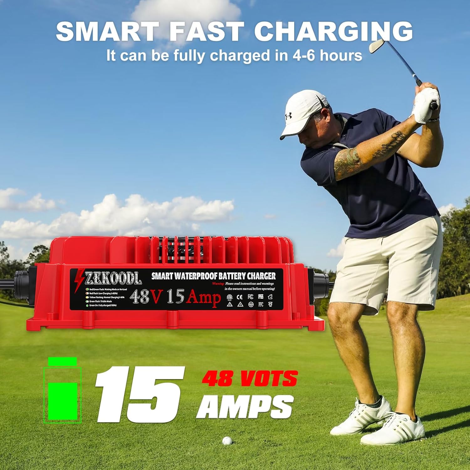 Cargador de batería para carrito de golf de 48 voltios para EZGO RXV y TXT, cargador de carritos de golf de 15 amperios 900 W con enchufe triangular